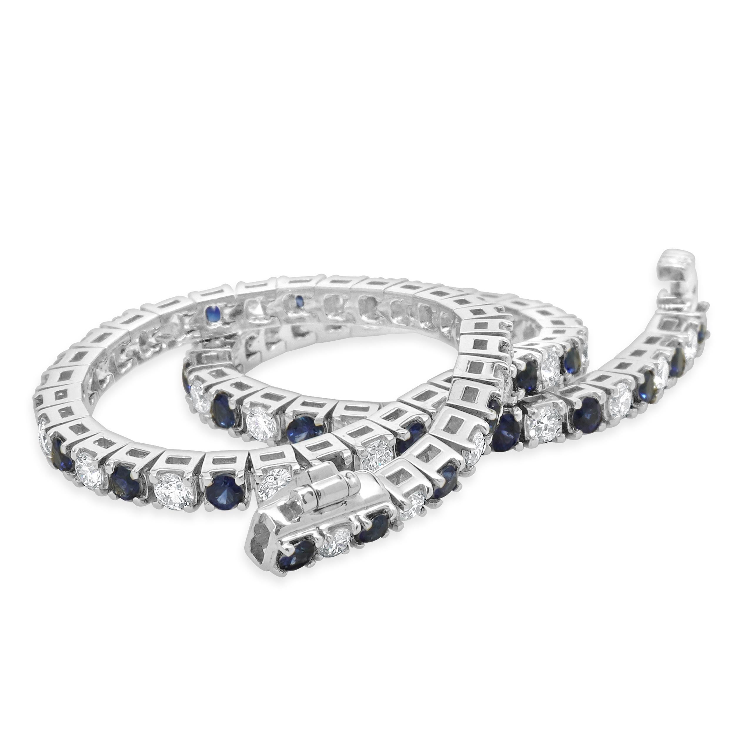 Taglio rotondo Bracciale in linea con zaffiri e diamanti alternati in oro bianco 14 carati in vendita