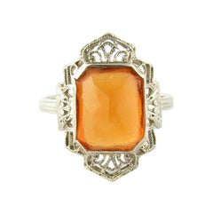 Vintage 14 Karat White Gold Amber Filigree Ring