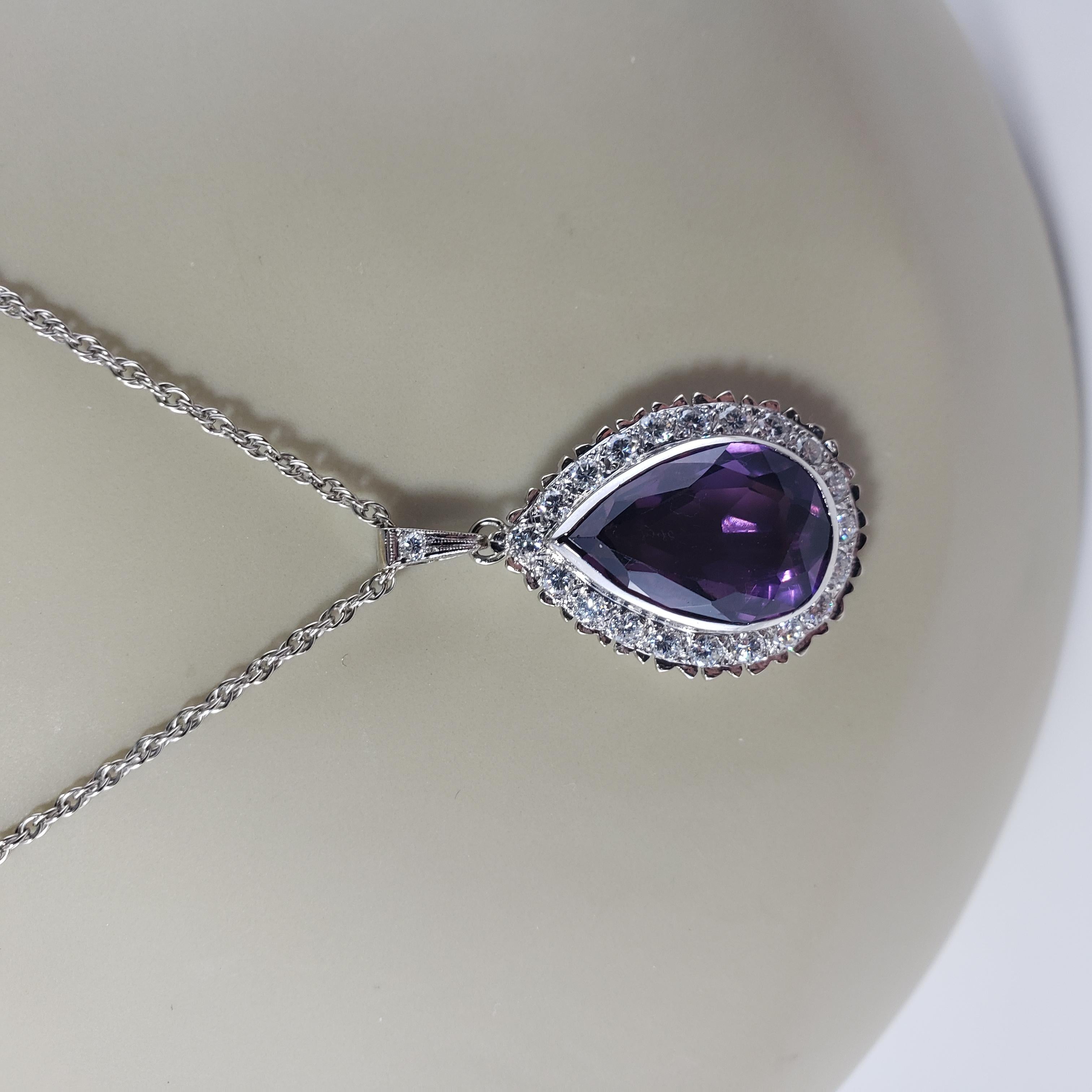 14 Karat White Gold Amethyst and Diamond Pendant Necklace #13737 For Sale 4