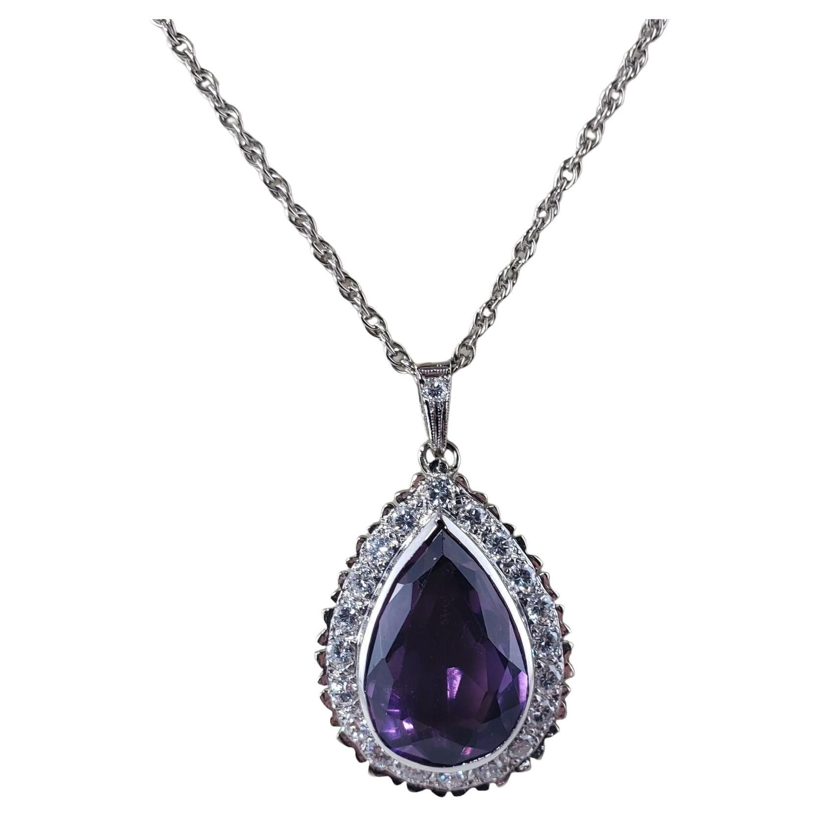 14 Karat White Gold Amethyst and Diamond Pendant Necklace #13737 For Sale