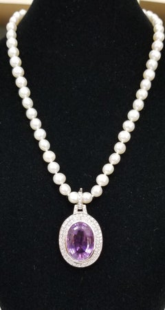 14 Karat White Gold Amethyst and Diamond Pendant on Pearls