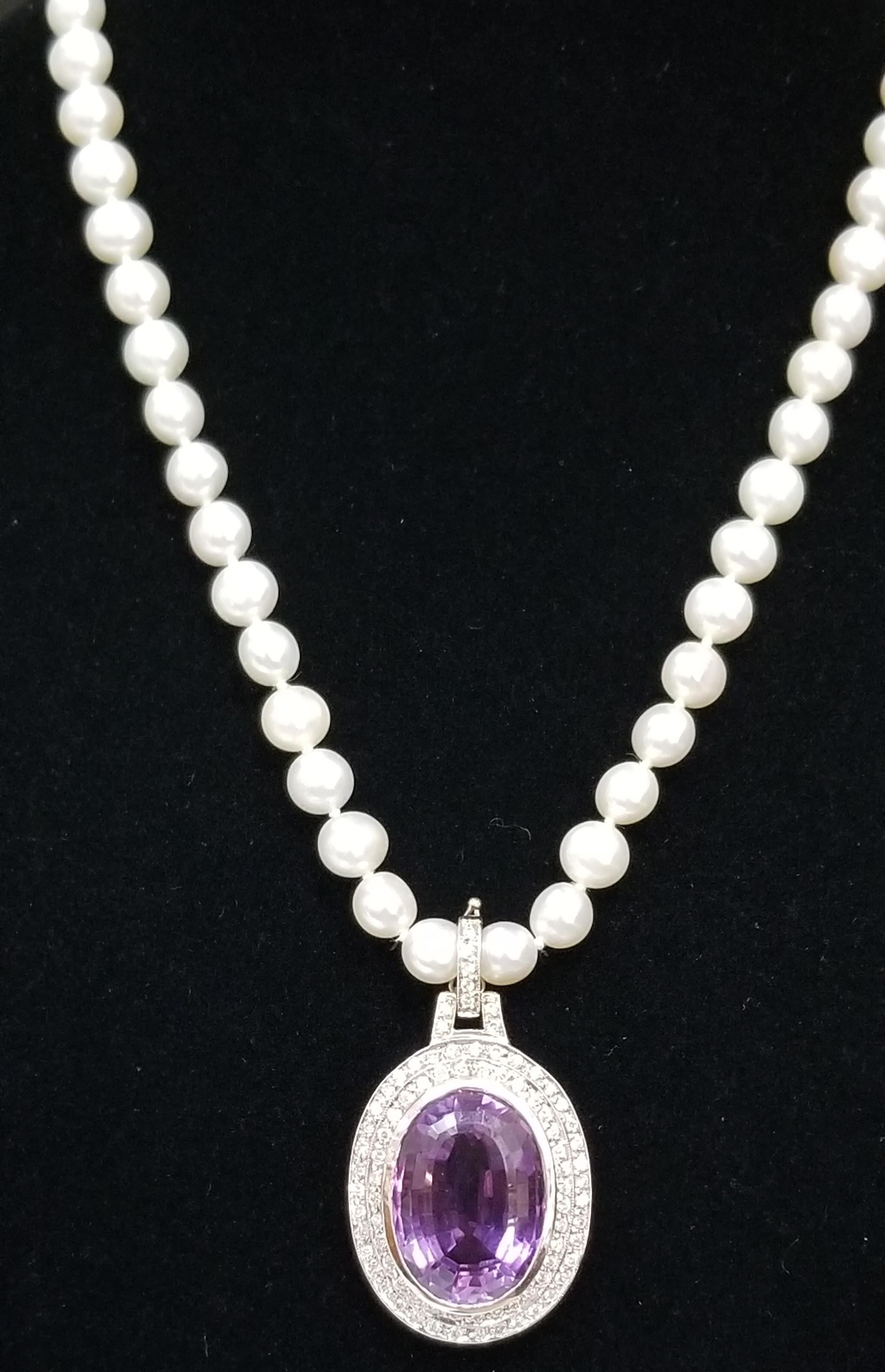 Art Deco 14 Karat White Gold Amethyst and Diamond Pendant on Pearls For Sale