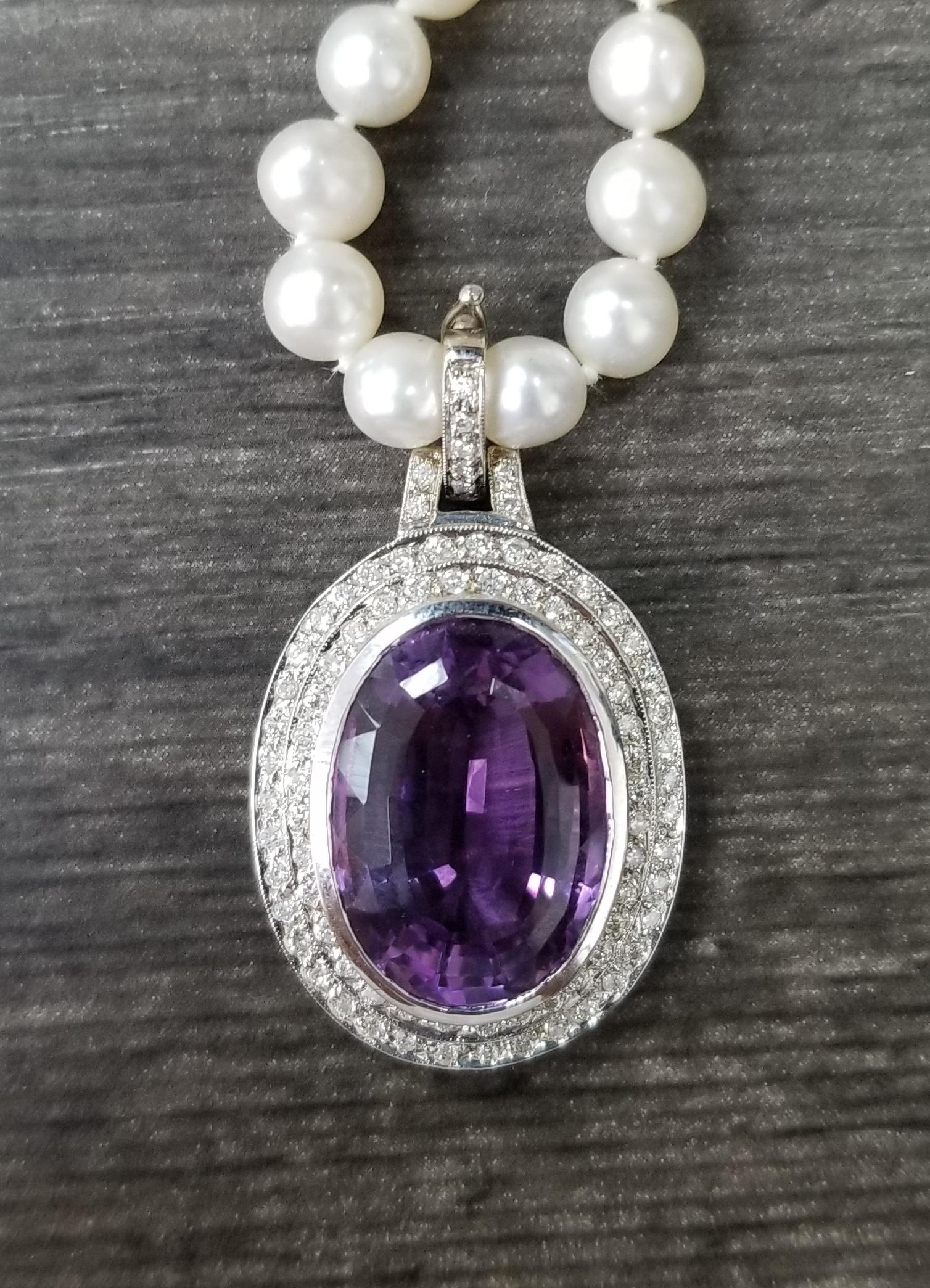 Oval Cut 14 Karat White Gold Amethyst and Diamond Pendant on Pearls For Sale