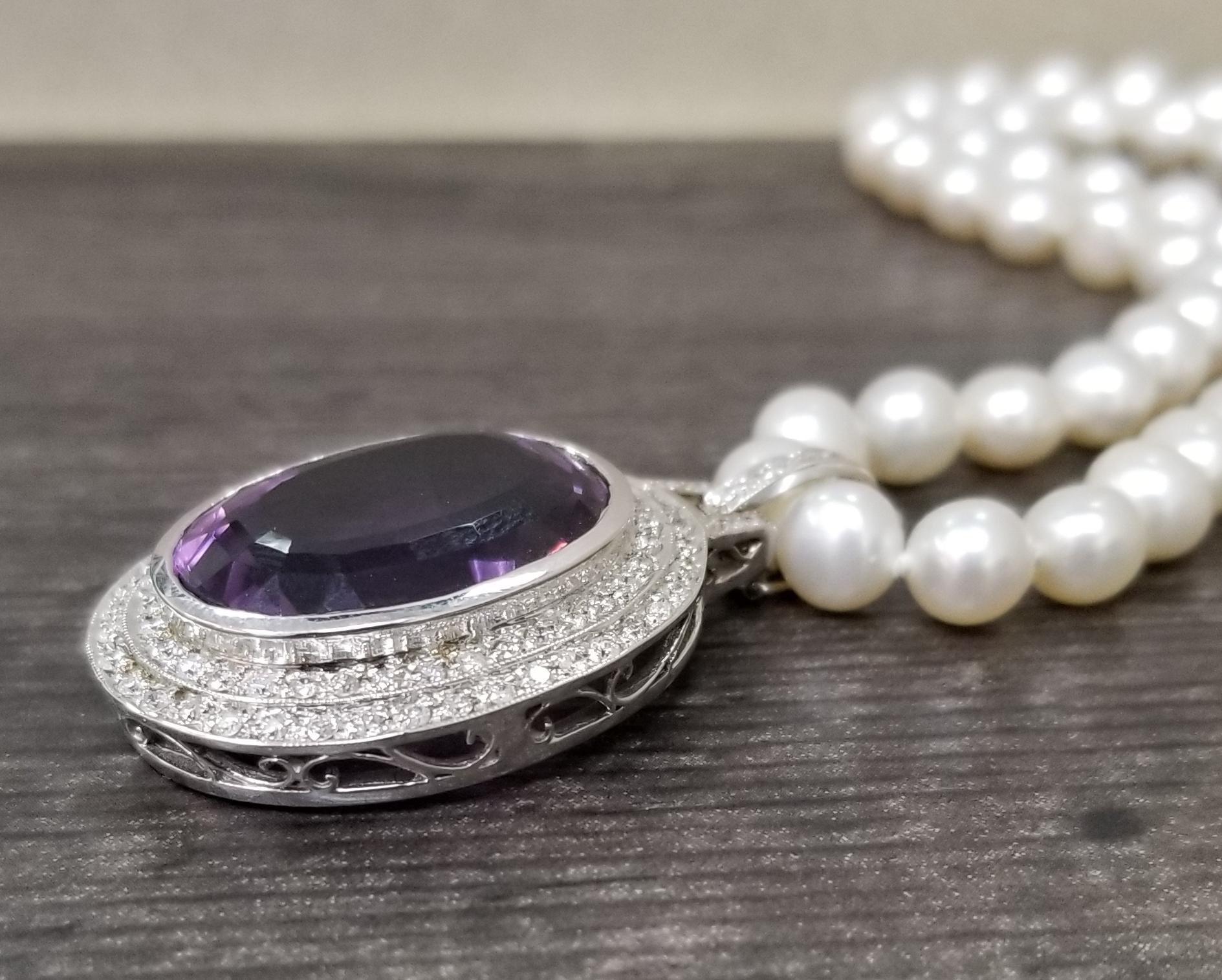 Women's 14 Karat White Gold Amethyst and Diamond Pendant on Pearls For Sale