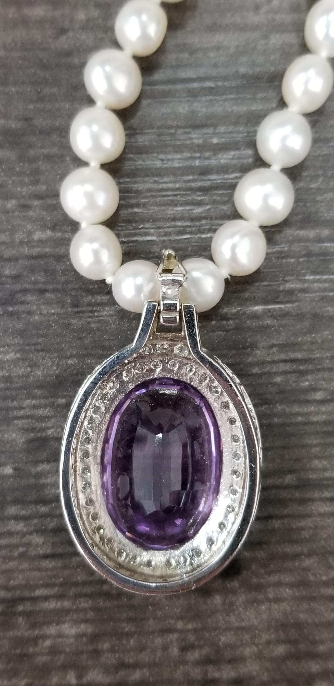 14 Karat White Gold Amethyst and Diamond Pendant on Pearls For Sale 1