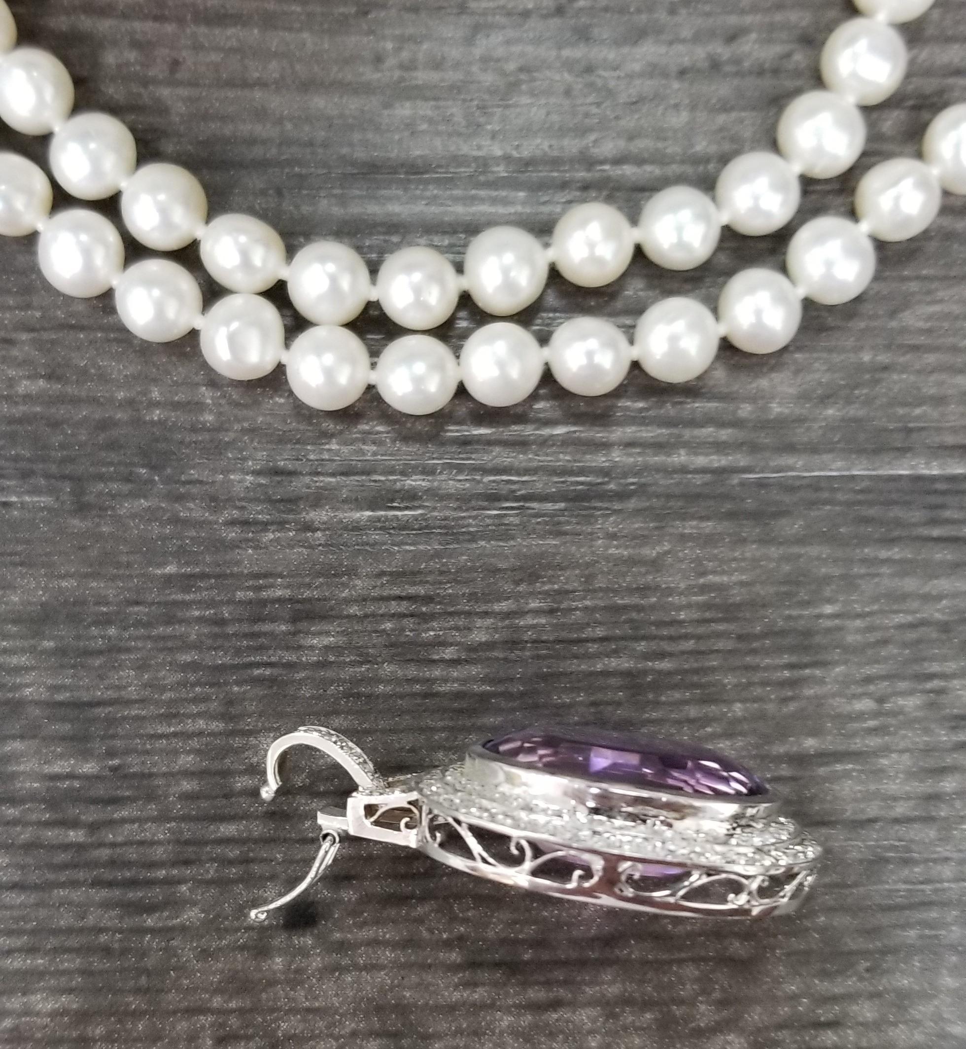 14 Karat White Gold Amethyst and Diamond Pendant on Pearls For Sale 2