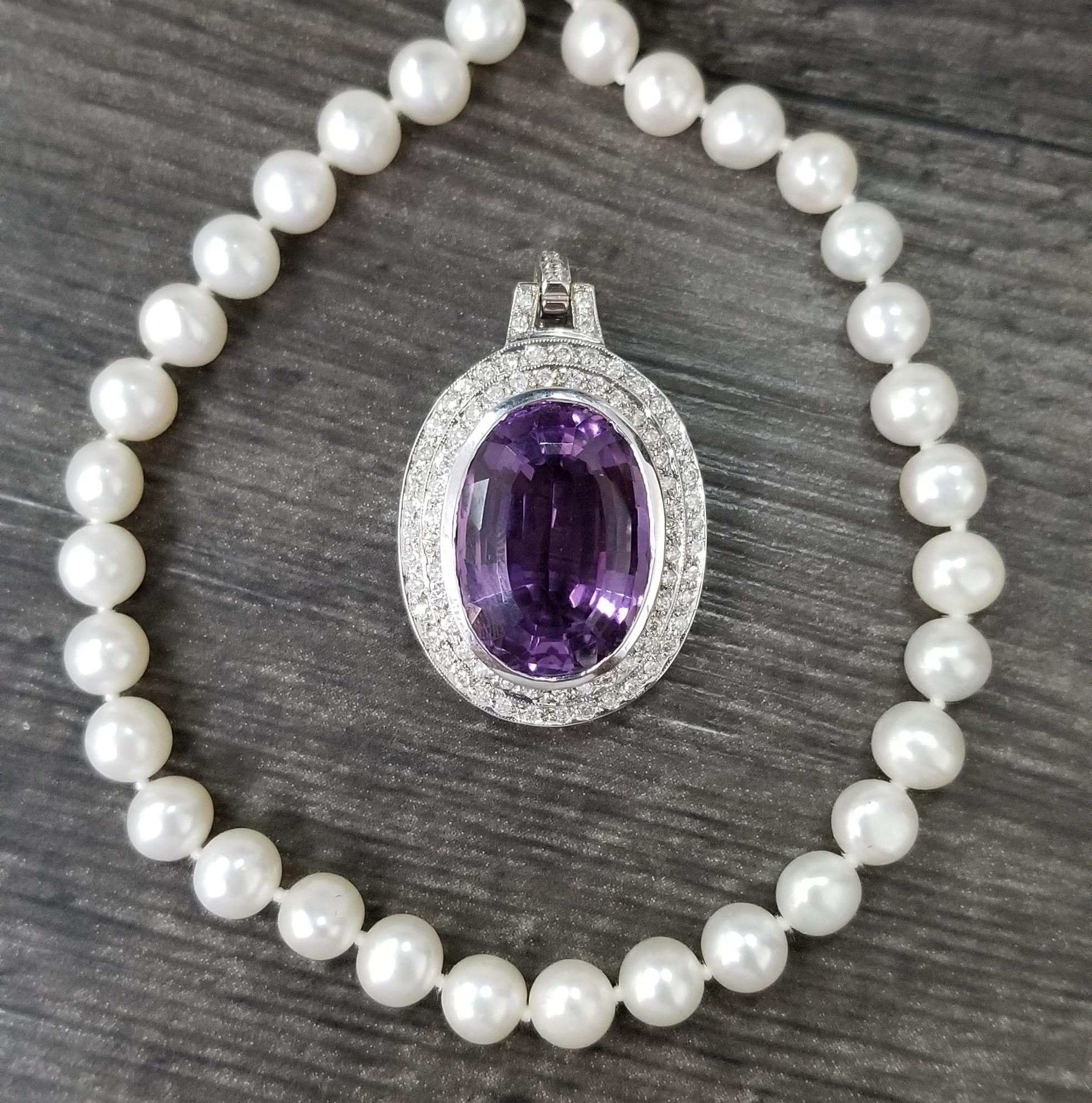 14 Karat White Gold Amethyst and Diamond Pendant on Pearls For Sale 3