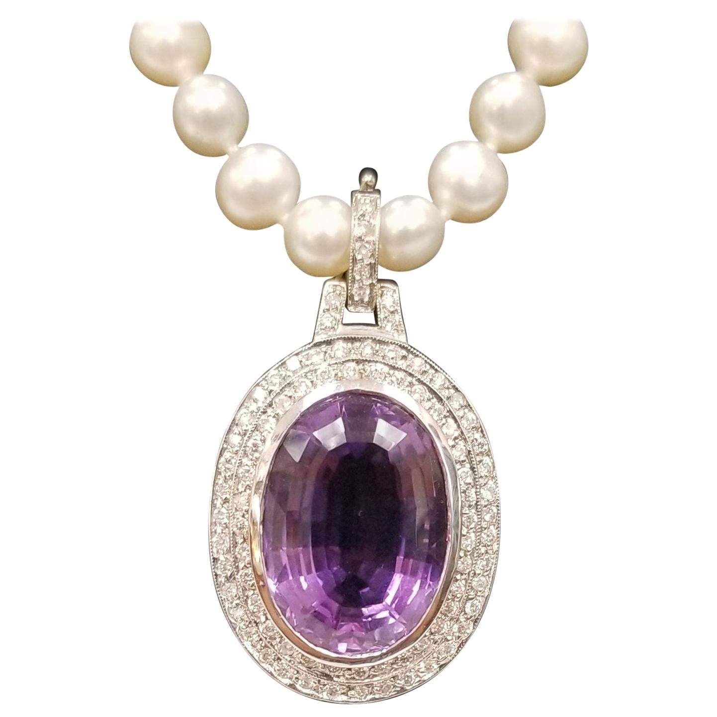 14 Karat White Gold Amethyst and Diamond Pendant on Pearls For Sale