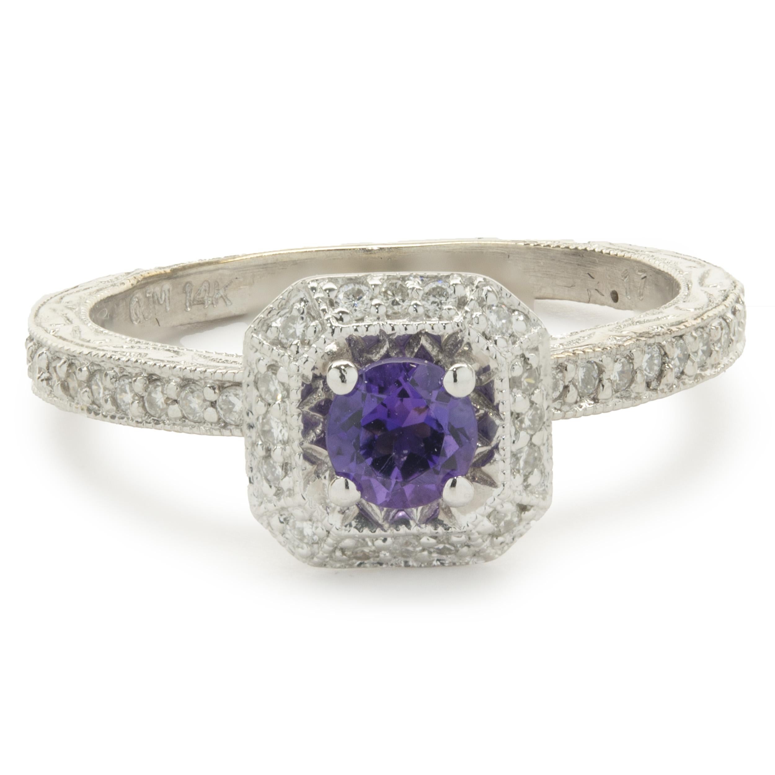 14 Karat White Gold Amethyst and Diamond Ring For Sale