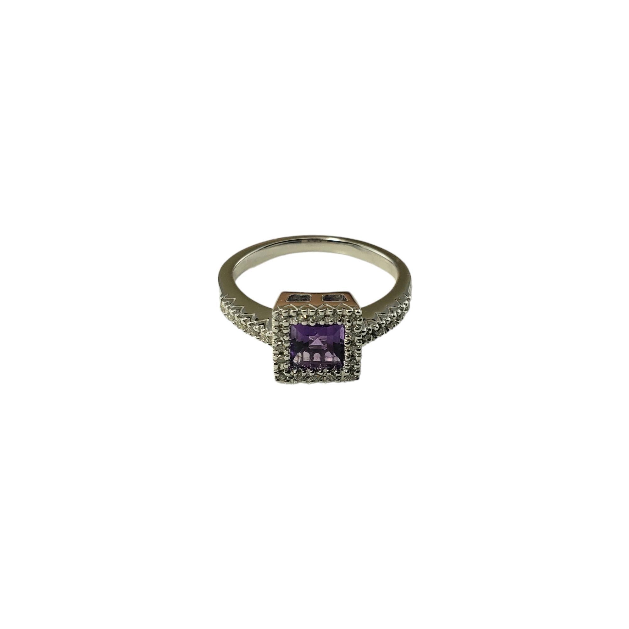 Vintage 14 Karat White Gold Amethyst and Diamond Ring Size 5-

This elegant ring features square cut amethyst (5 mm x 5 mm) and 26 round brilliant cut diamonds set in classic 14K white gold.  Width: 8.5 mm.  Shank: 2 mm.

Approximate total diamond