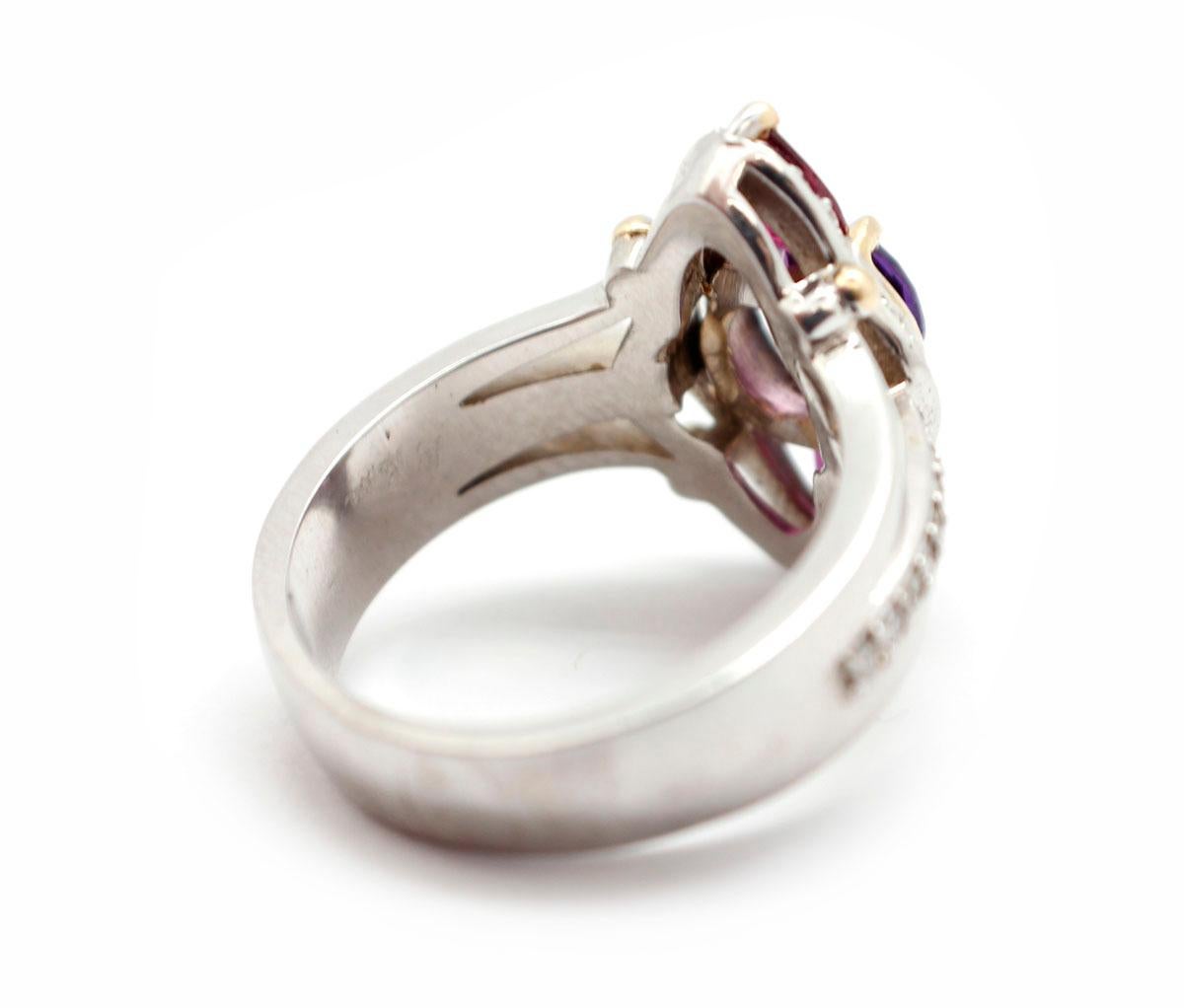14 Karat White Gold, Amethyst and Garnet Cocktail Ring with Diamonds In New Condition In Scottsdale, AZ