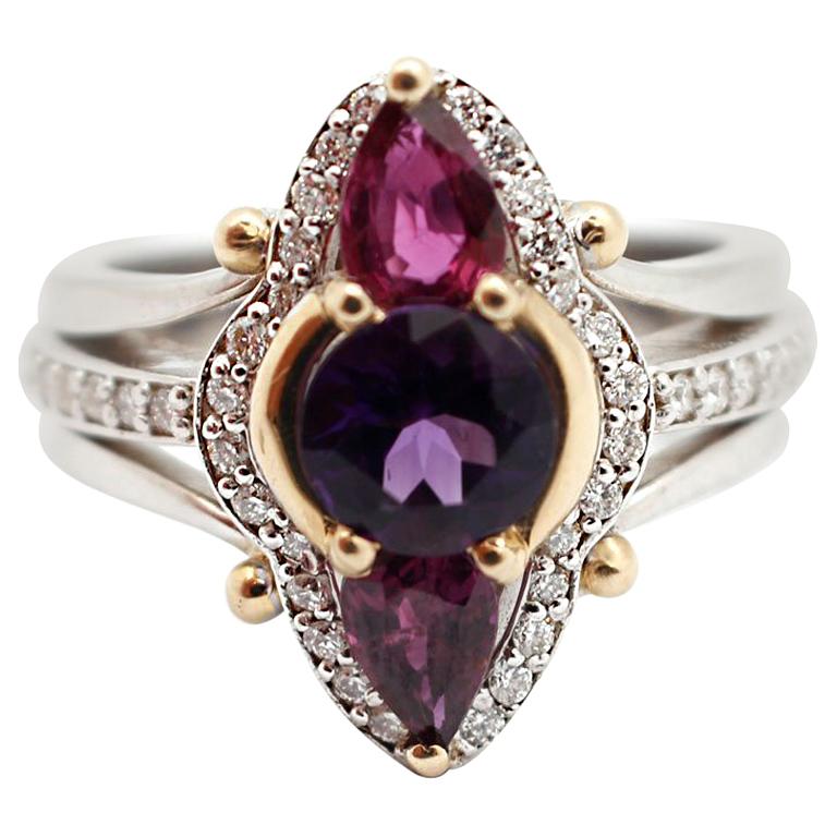 14 Karat White Gold, Amethyst and Garnet Cocktail Ring with Diamonds