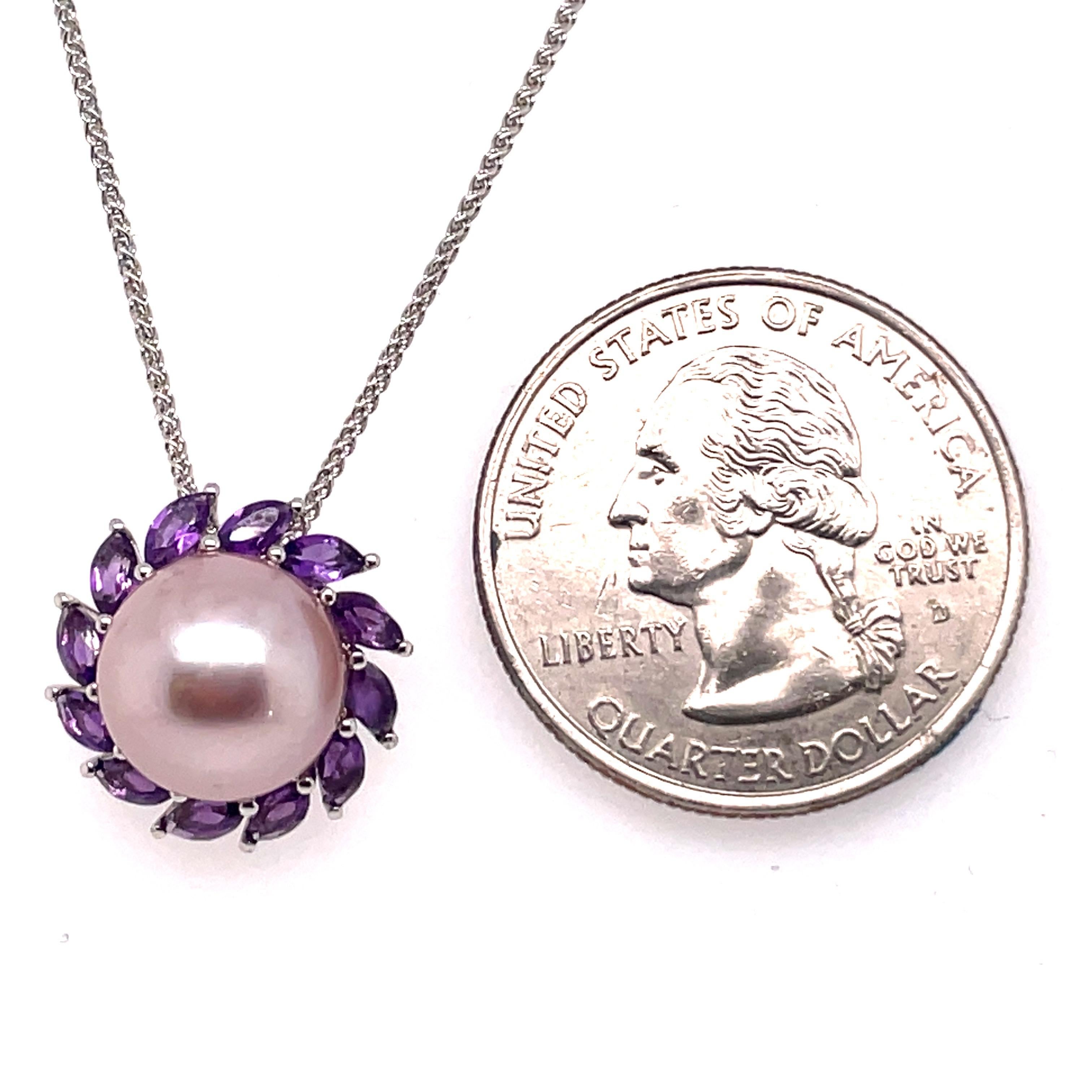 14 Karat White Gold Amethyst Pink Freshwater Pearl 0.91 Carats 1 Gram In New Condition For Sale In New York, NY