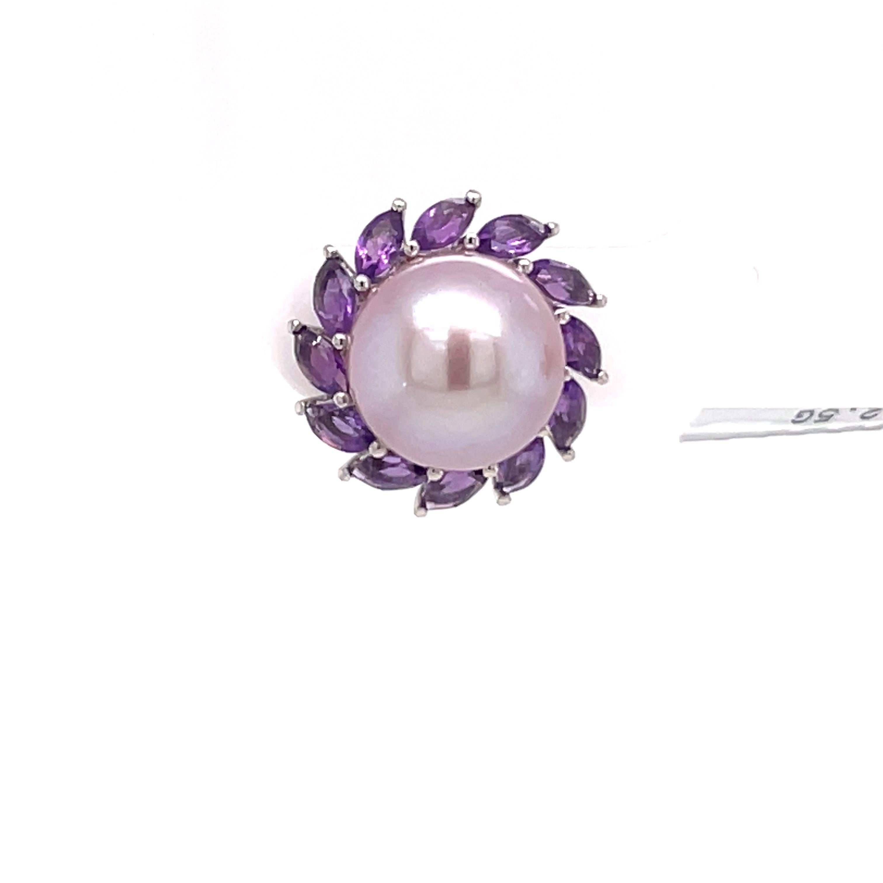 Contemporary 14 Karat White Gold Amethyst Pink Freshwater Pearl Earrings 1.81 Carats For Sale