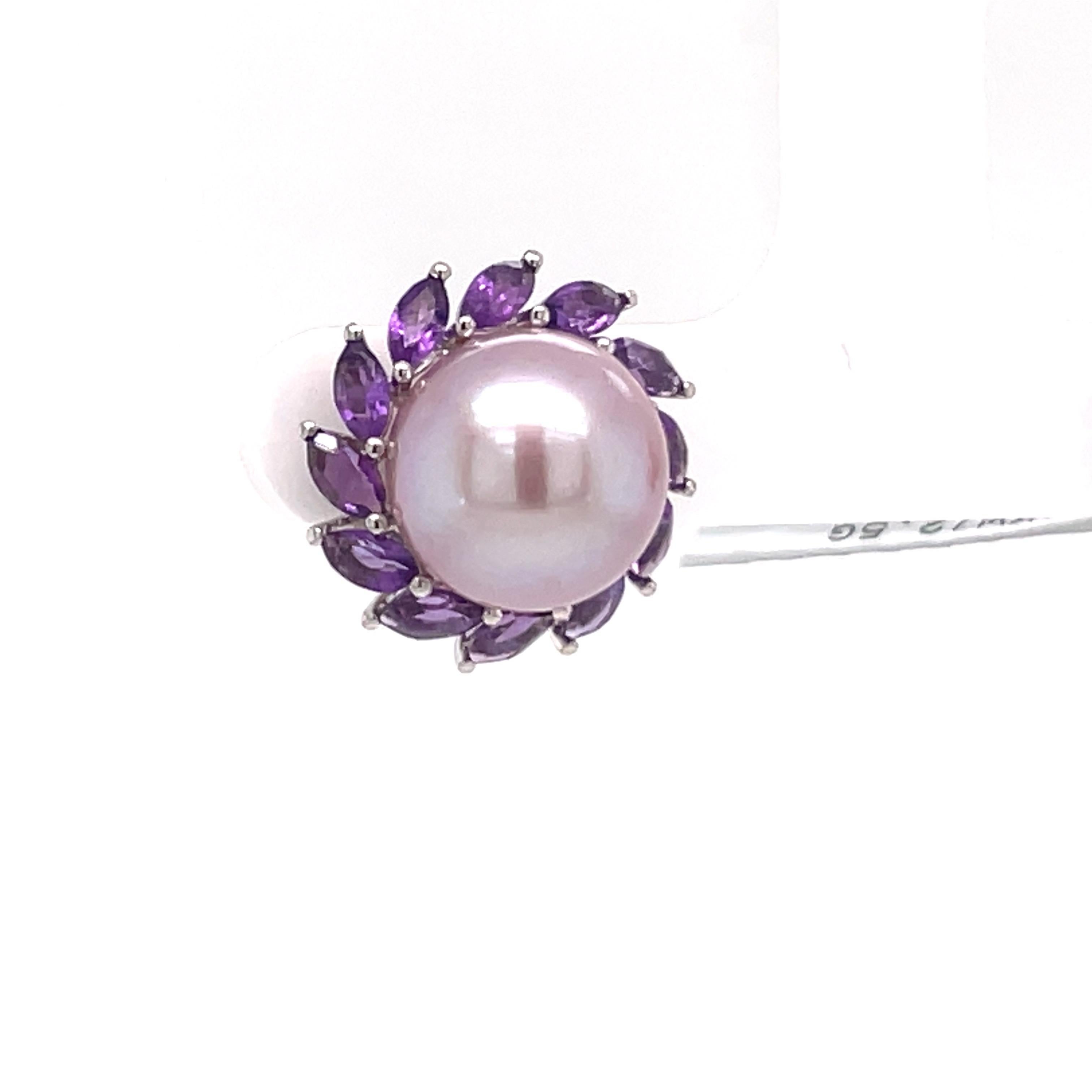 Marquise Cut 14 Karat White Gold Amethyst Pink Freshwater Pearl Earrings 1.81 Carats For Sale