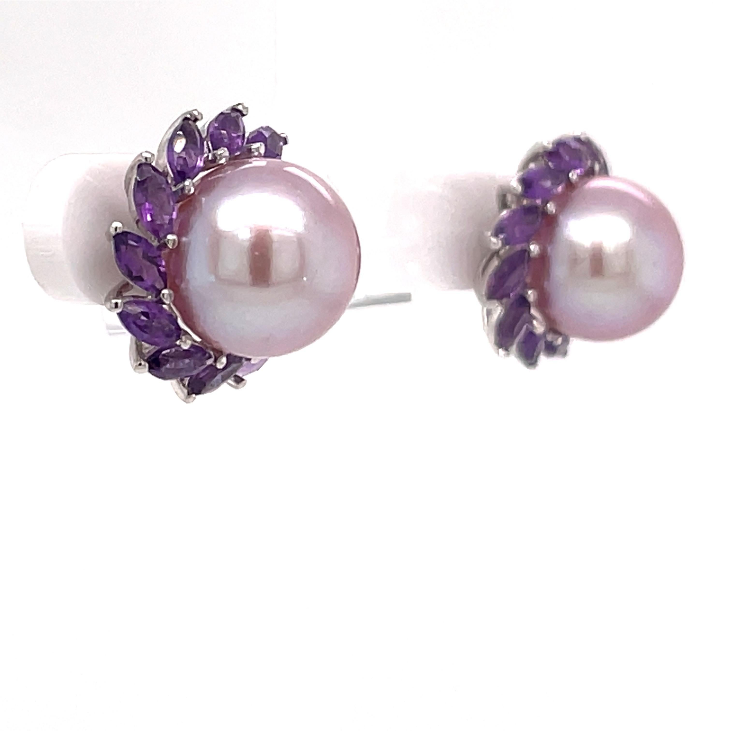14 Karat White Gold Amethyst Pink Freshwater Pearl Earrings 1.81 Carats In New Condition For Sale In New York, NY