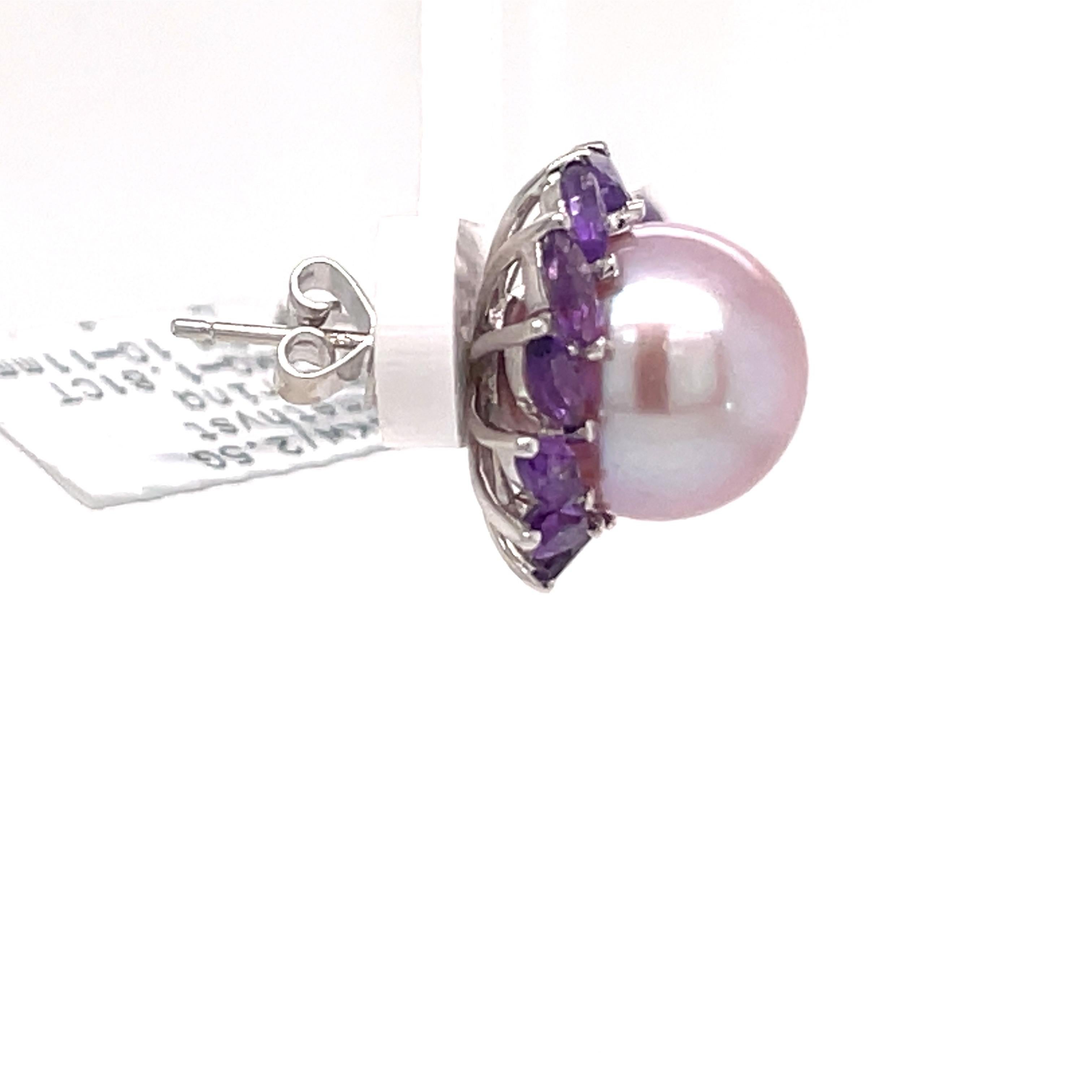 14 Karat White Gold Amethyst Pink Freshwater Pearl Earrings 1.81 Carats For Sale 1