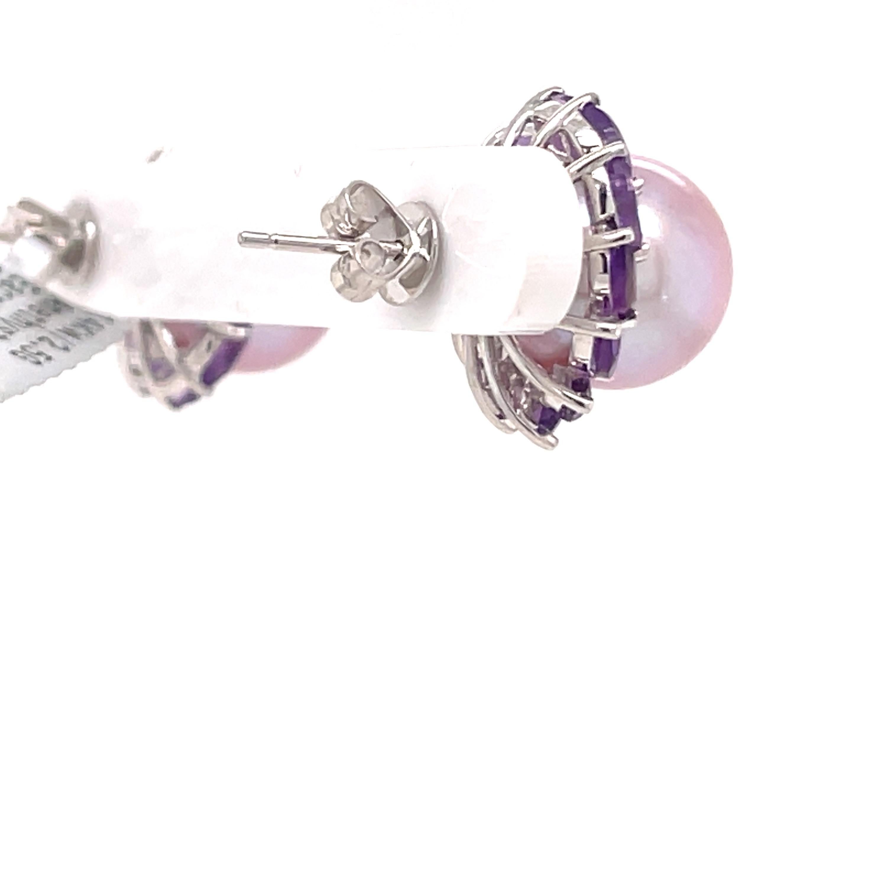 14 Karat White Gold Amethyst Pink Freshwater Pearl Earrings 1.81 Carats For Sale 2