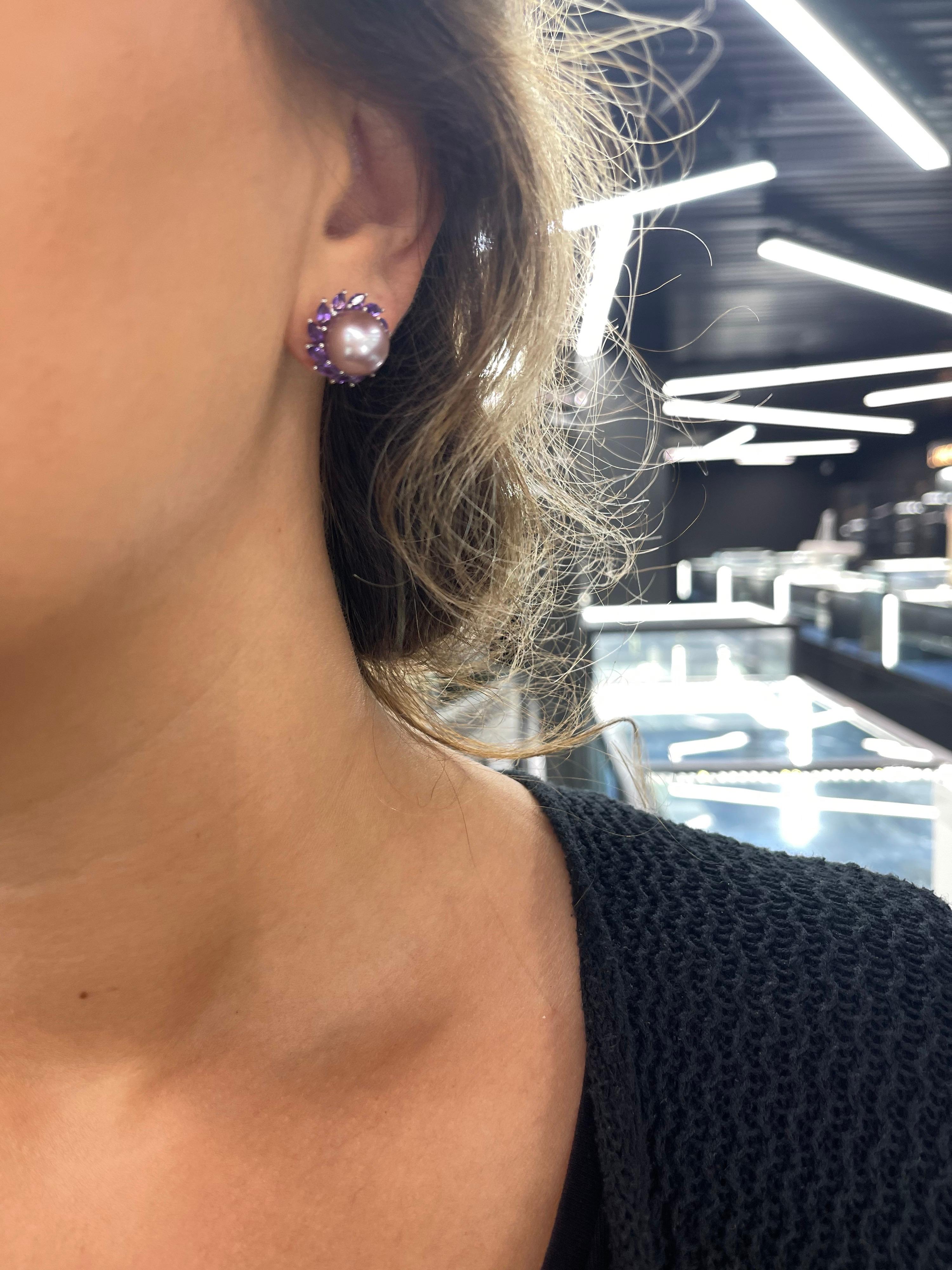 14 Karat White Gold Amethyst Pink Freshwater Pearl Earrings 1.81 Carats For Sale 3