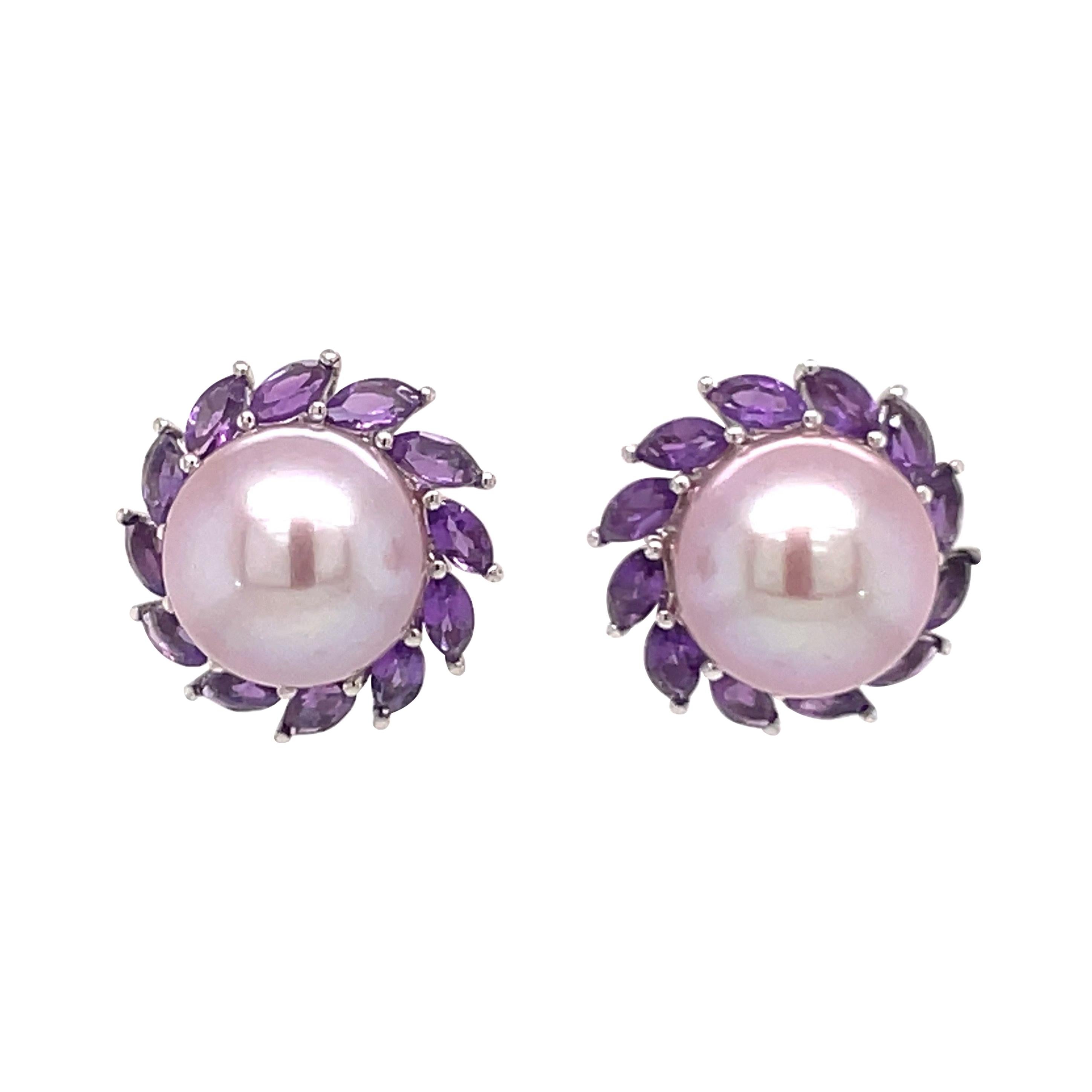 14 Karat White Gold Amethyst Pink Freshwater Pearl Earrings 1.81 Carats For Sale