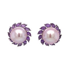 14 Karat White Gold Amethyst Pink Freshwater Pearl Earrings 1.81 Carats