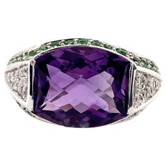14 Karat White Gold Amethyst Ring with Tsavorite and Diamond Accents