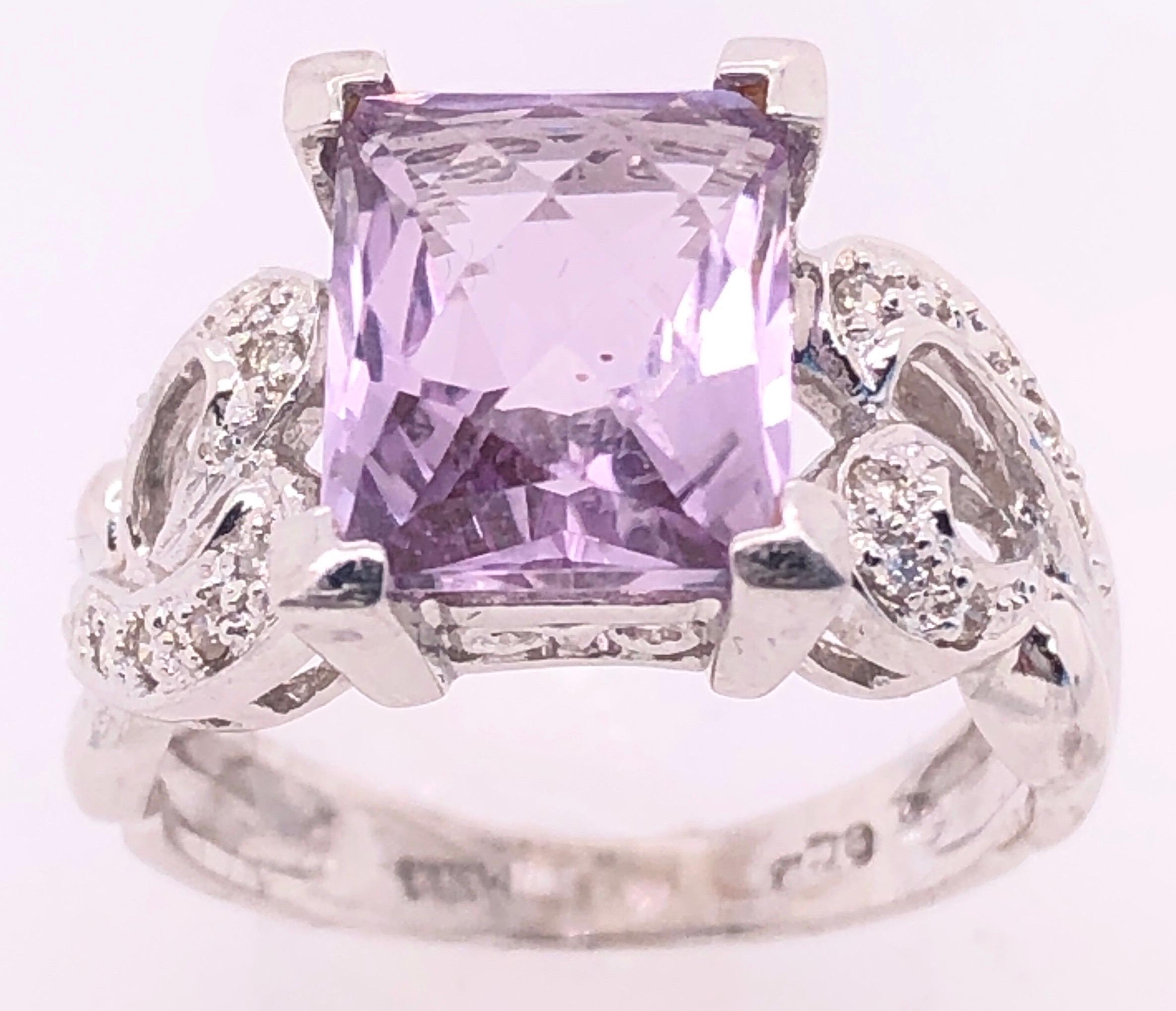 Women's or Men's 14 Karat White Gold Amethyst Solitaire Ring with Diamond Accents For Sale