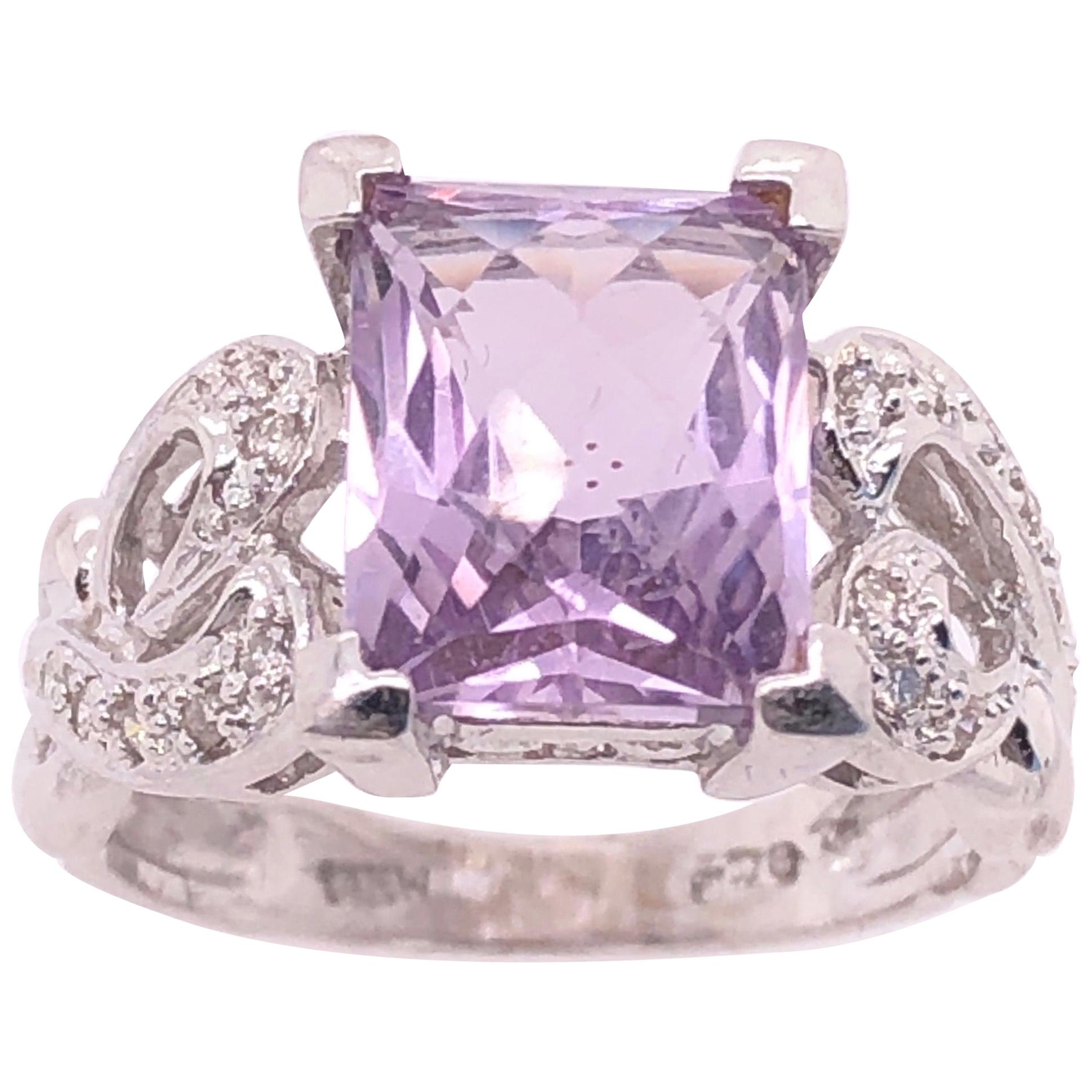 14 Karat White Gold Amethyst Solitaire Ring with Diamond Accents For Sale