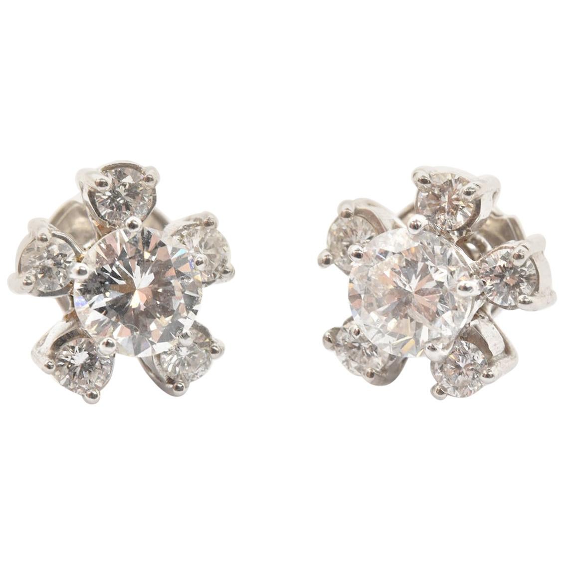 14 Karat White Gold and 1.48 Carat Round Diamond Flower Stud Earrings