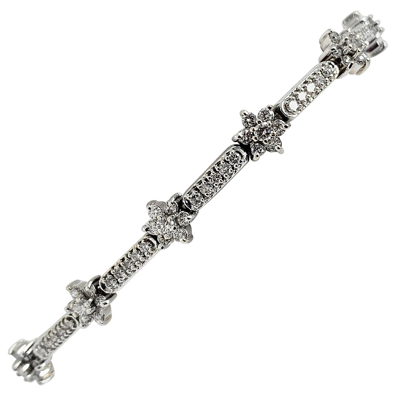 14 Karat White Gold and 3.22 Carat Diamond Floral Link Bracelet