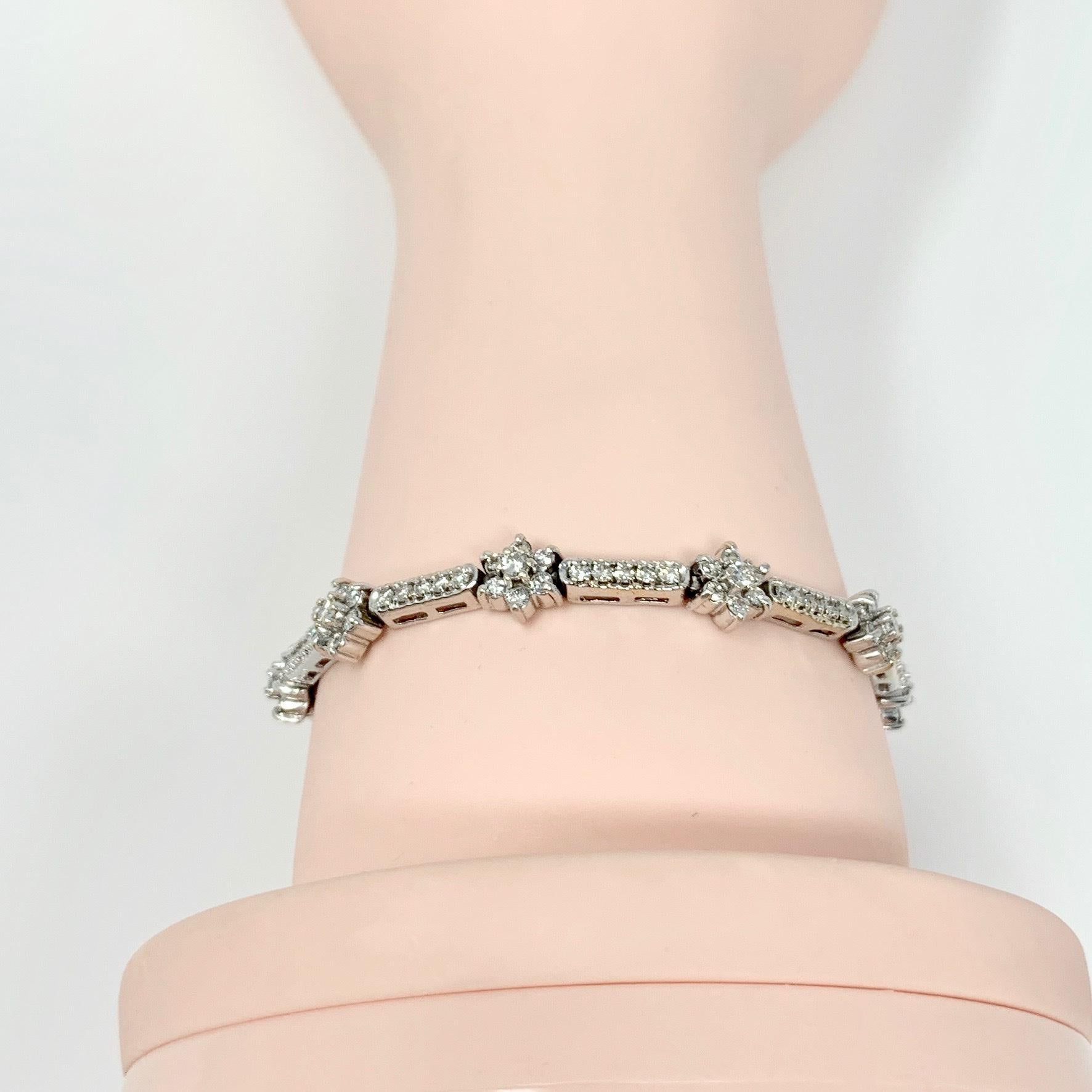 14 Karat White Gold and 3.22 Carat Diamond Floral Link Bracelet 1