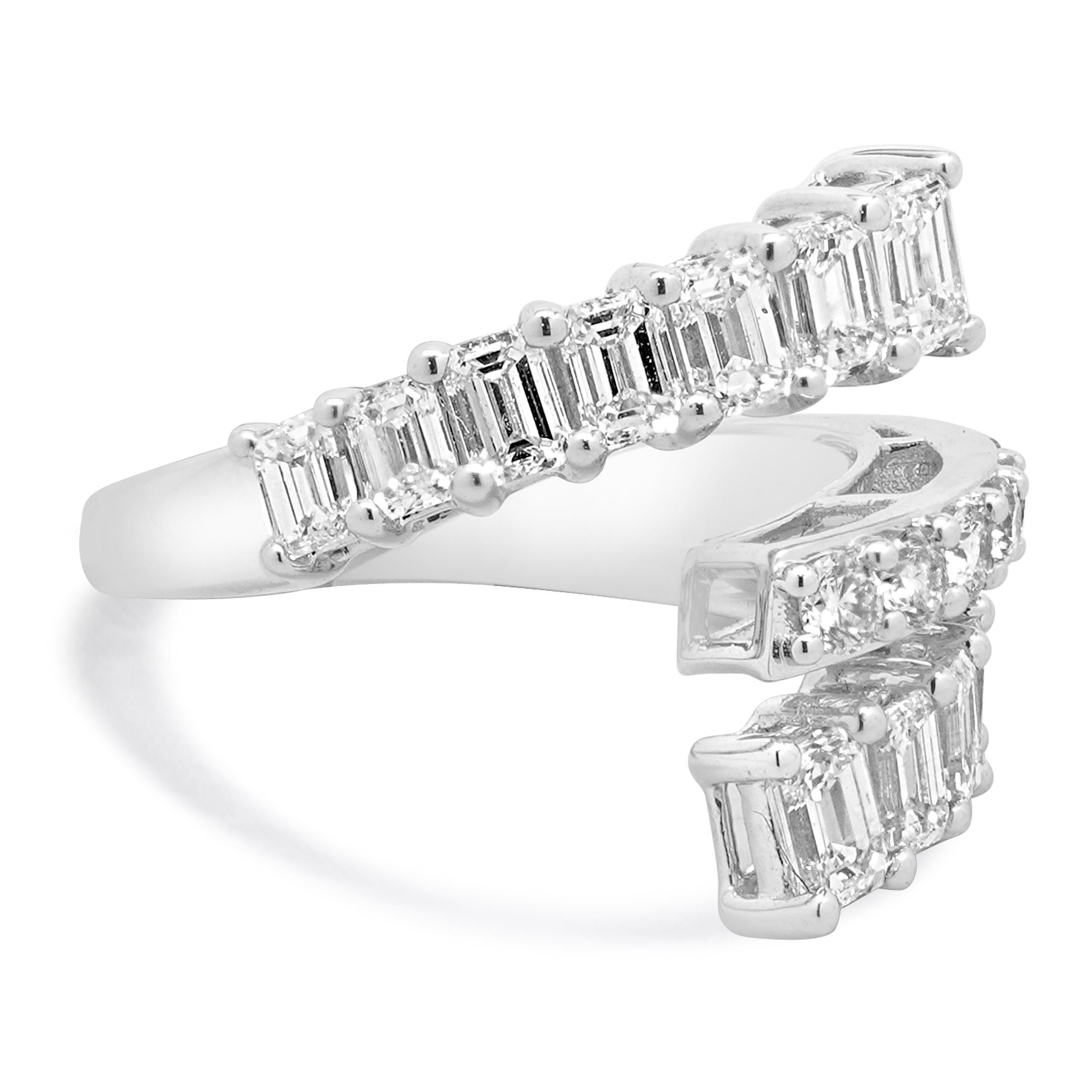 Round Cut 14 Karat White Gold and Baguette Diamond Bypass Ring For Sale