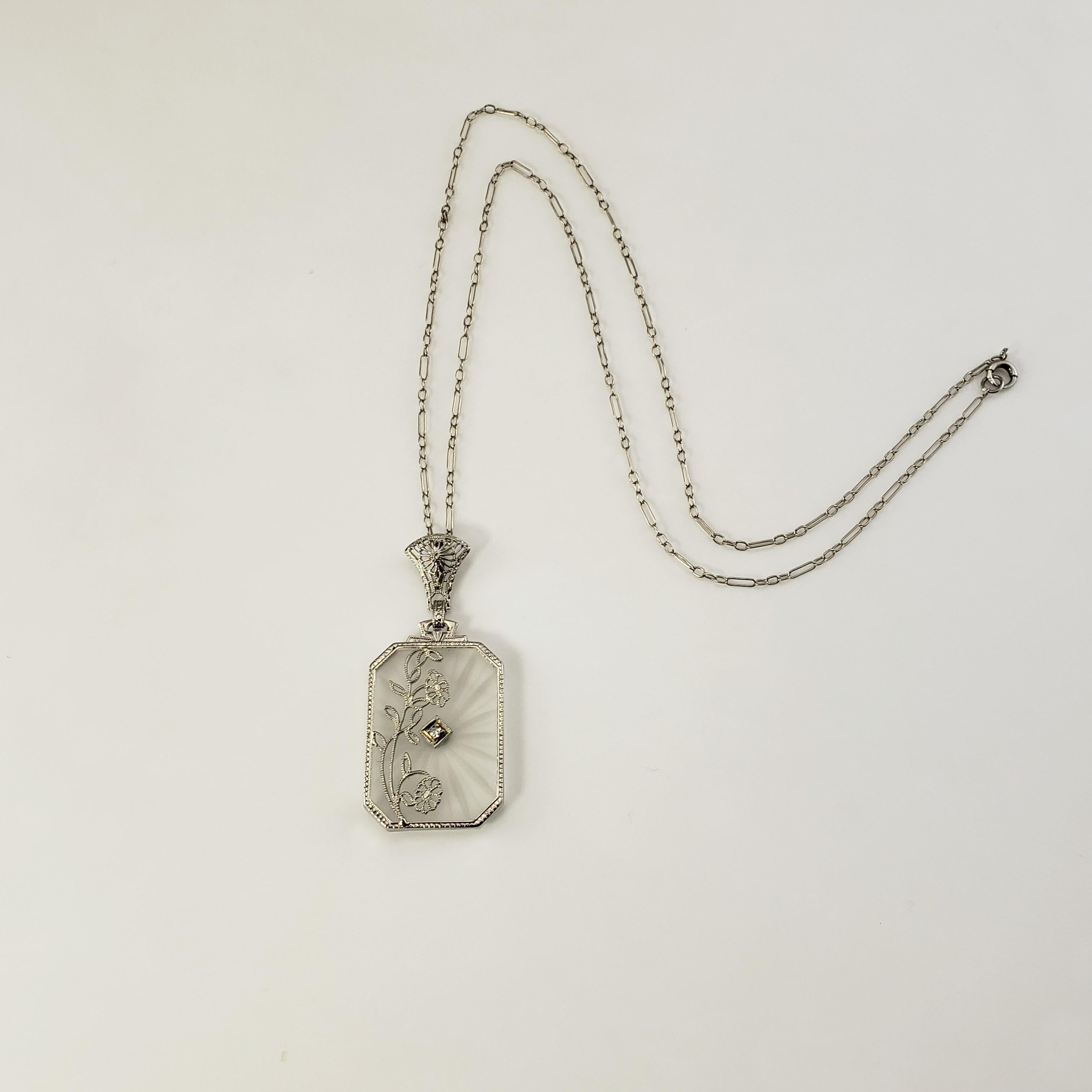 Art Deco 14 Karat White Gold and Camphor Glass Lavalier Pendant with Diamond Necklace
