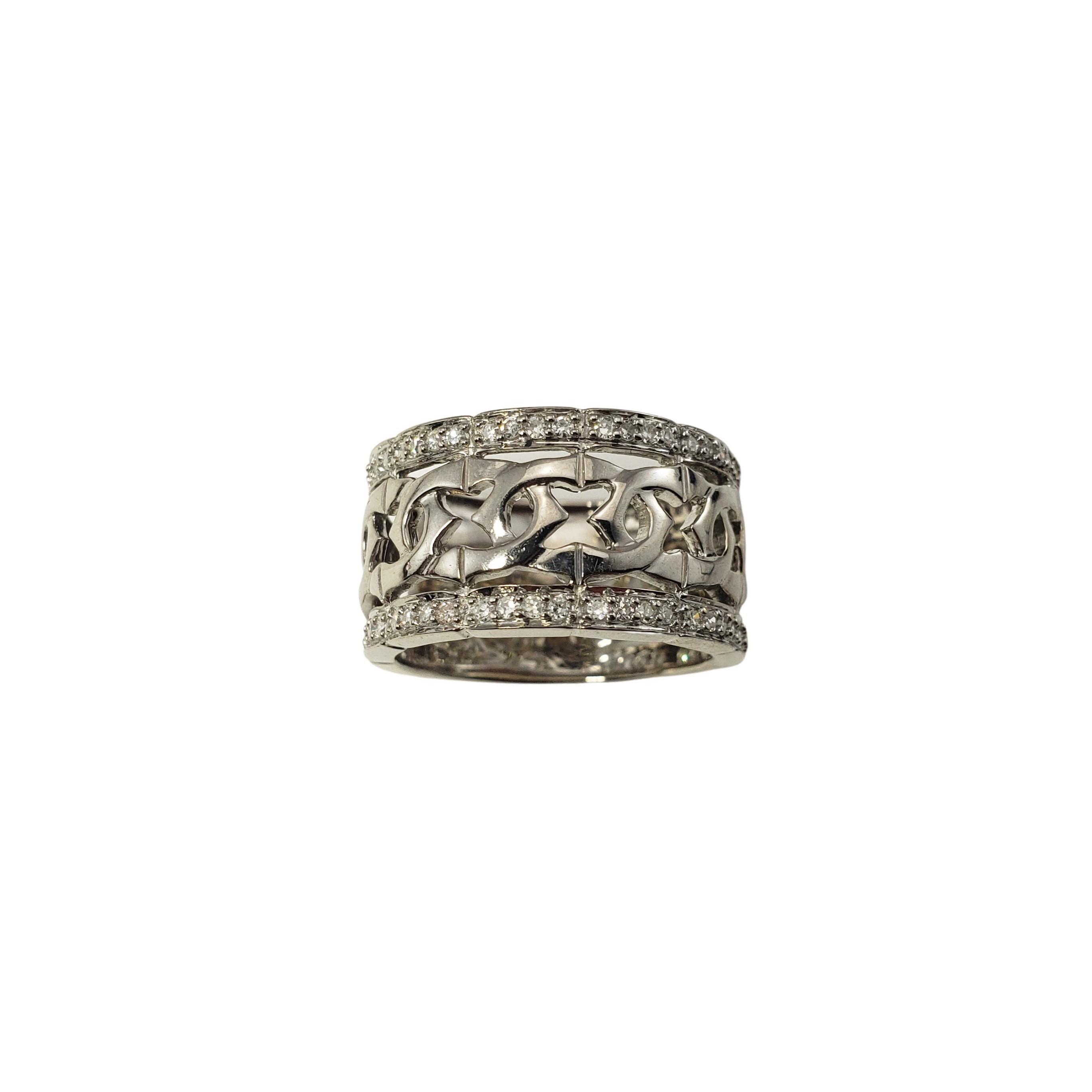 14 Karat White Gold and Diamond Band Ring Size 8 -

This elegant band features 36 round single cut diamonds set in beautifully detailed 14K white gold.  Width:  12 mm.

Approximate total diamond weight:  .36 ct.

Diamond color: G

Diamond clarity: