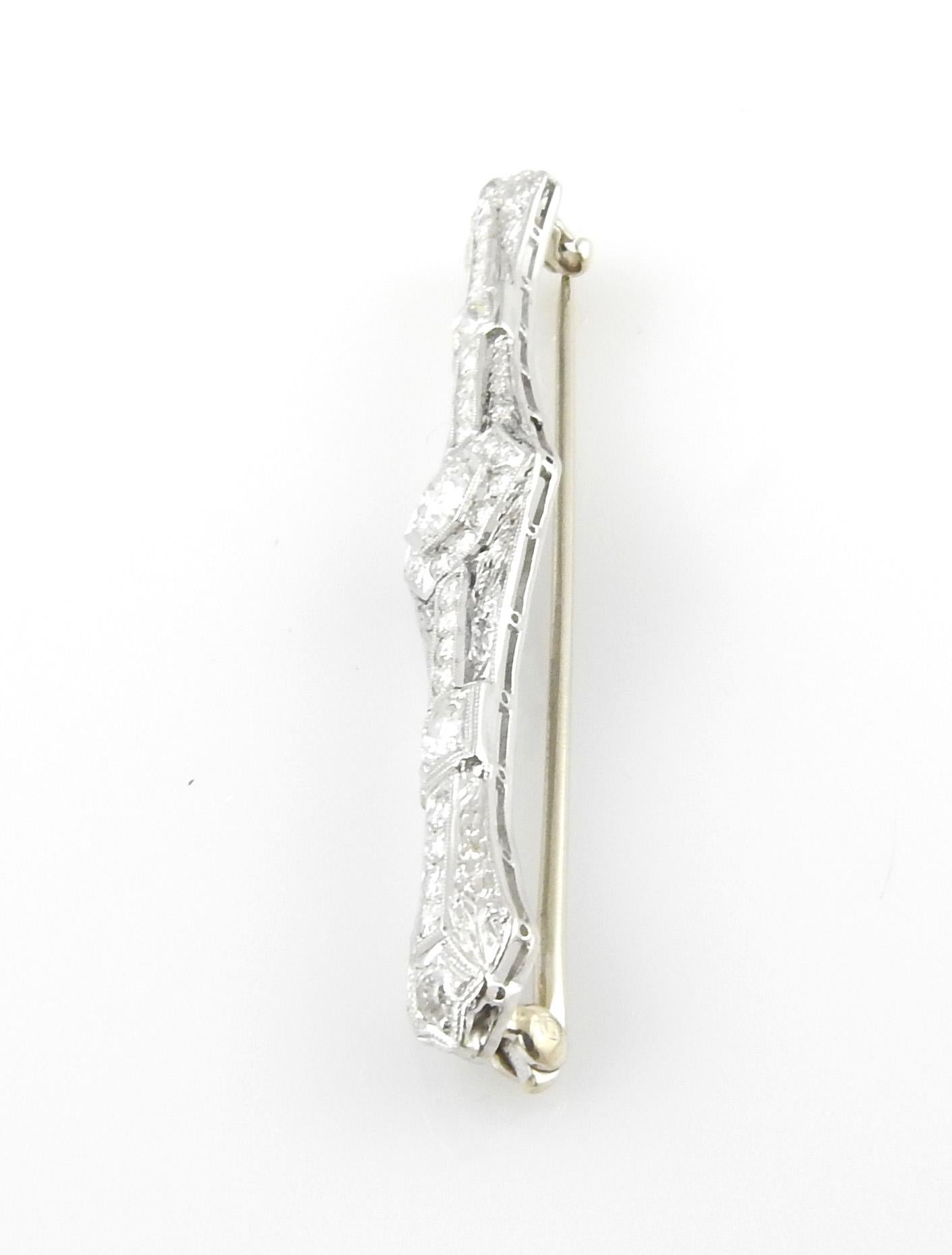Brilliant Cut 14 Karat White Gold and Diamond Bar Pin #5343 For Sale