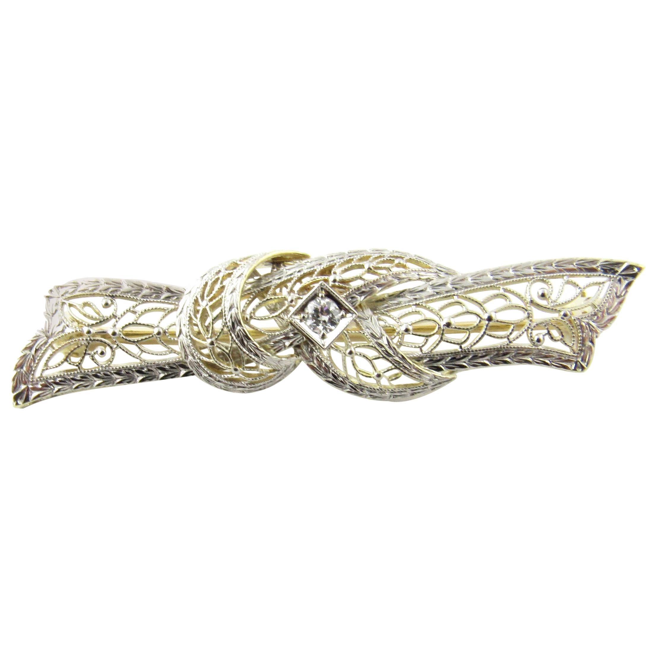 14 Karat White and Yellow Gold and Diamond Brooch or Pin