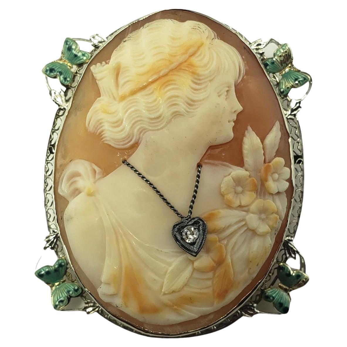 14 Karat White Gold and Diamond Cameo Brooch/Pendant #15700 For Sale