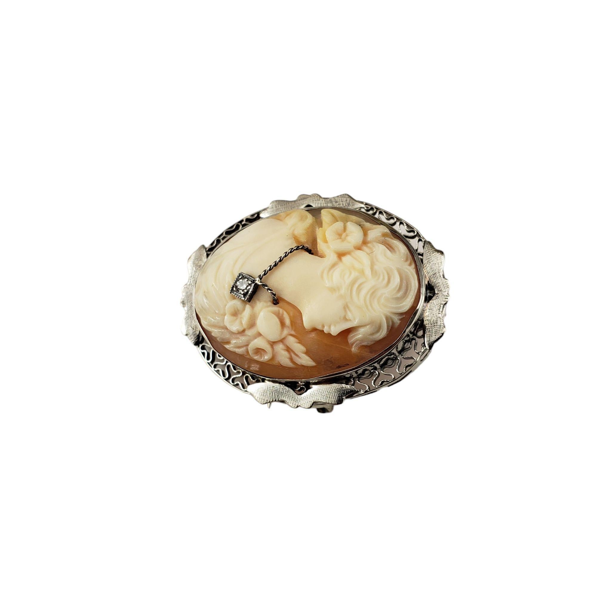 14 Karat White Gold and Diamond Cameo Brooch/Pendant-

This lovely 14K white gold cameo features a lovely lady in profile accented with one round single cut diamond. Can be worn as a brooch or a pendant.

Approximate total diamond weight: .02