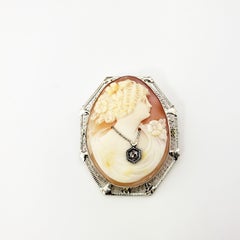 14 Karat White Gold and Diamond Cameo Brooch / Pendant