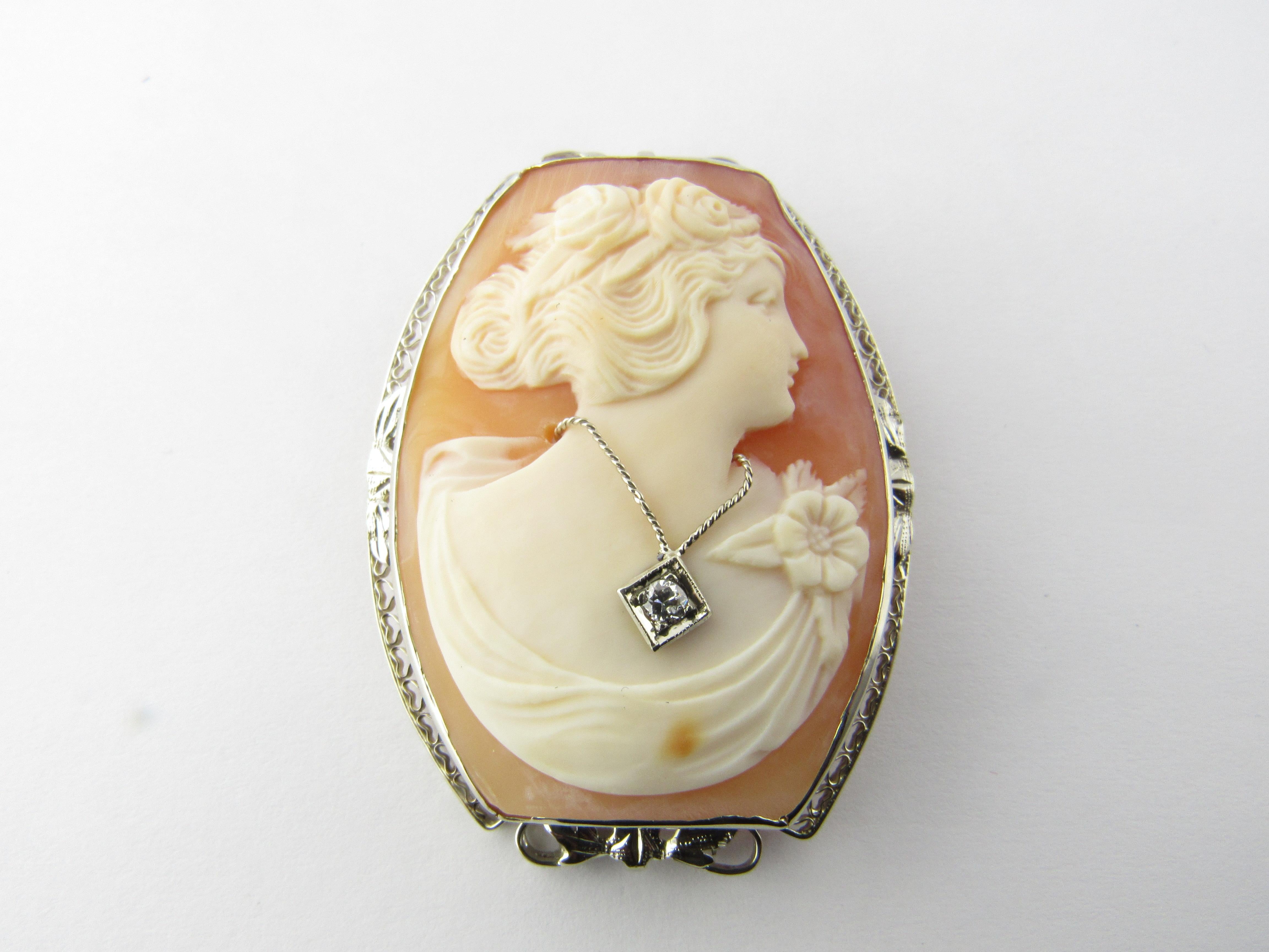 14 Karat White Gold and Diamond Cameo Brooch/Pendant-

This stunning cameo features a lovely lady in profile decorated with one round brilliant cut diamond.  Framed in meticulously detailed white gold filigree.  Can be worn as a brooch or a