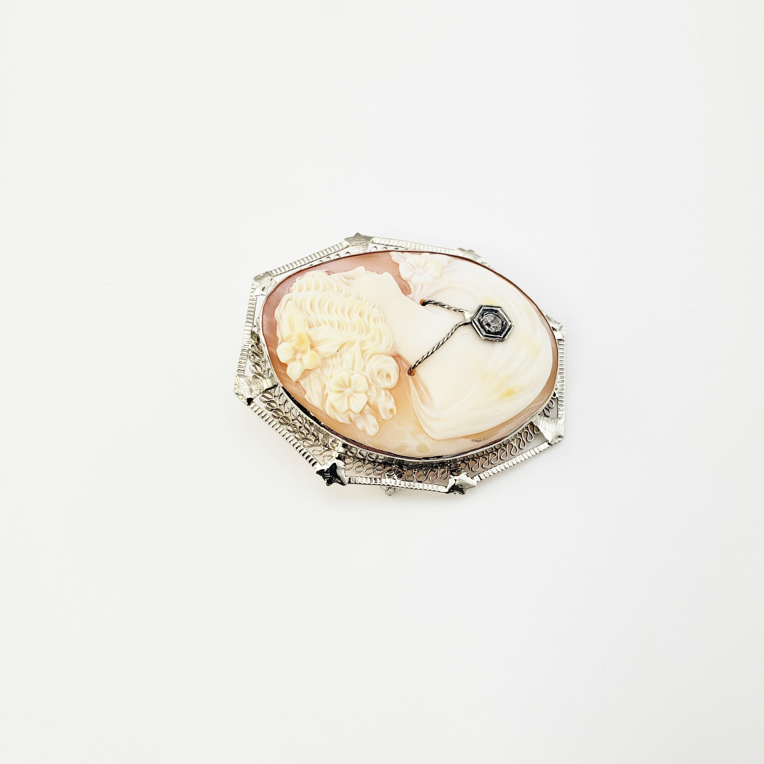 Round Cut 14 Karat White Gold and Diamond Cameo Brooch / Pendant For Sale