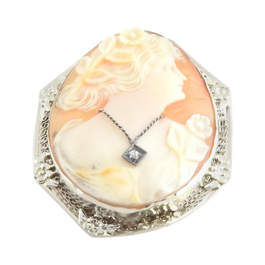 Broche / Colgante Camafeo de Oro Blanco de 14 Kilates y Diamantes
