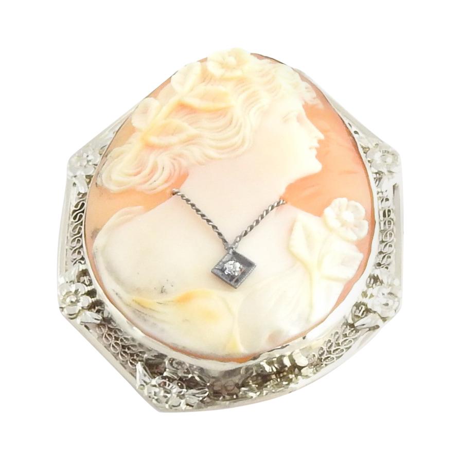 Broche/pendentif camée en or blanc 14 carats et diamants