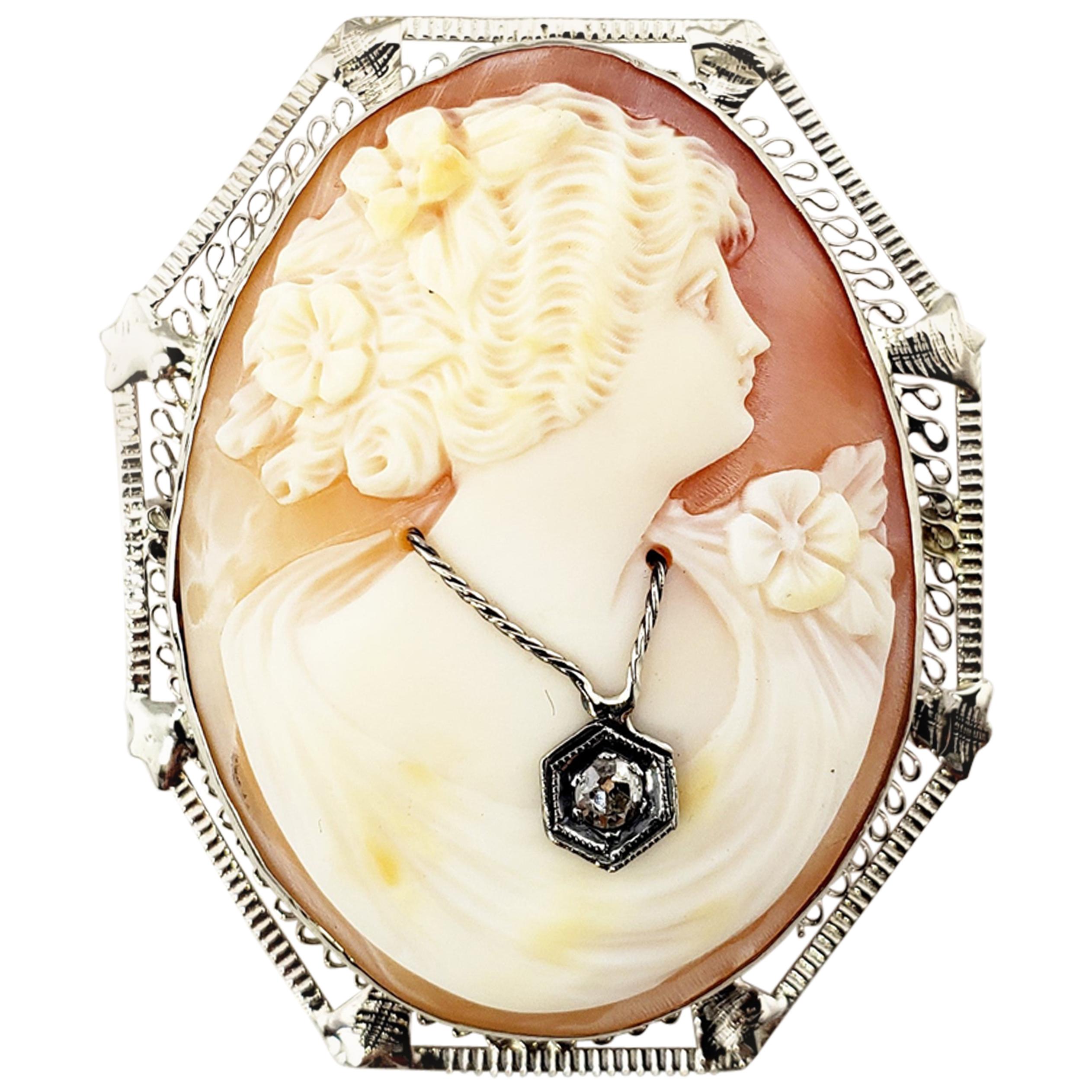 14 Karat White Gold and Diamond Cameo Brooch / Pendant For Sale