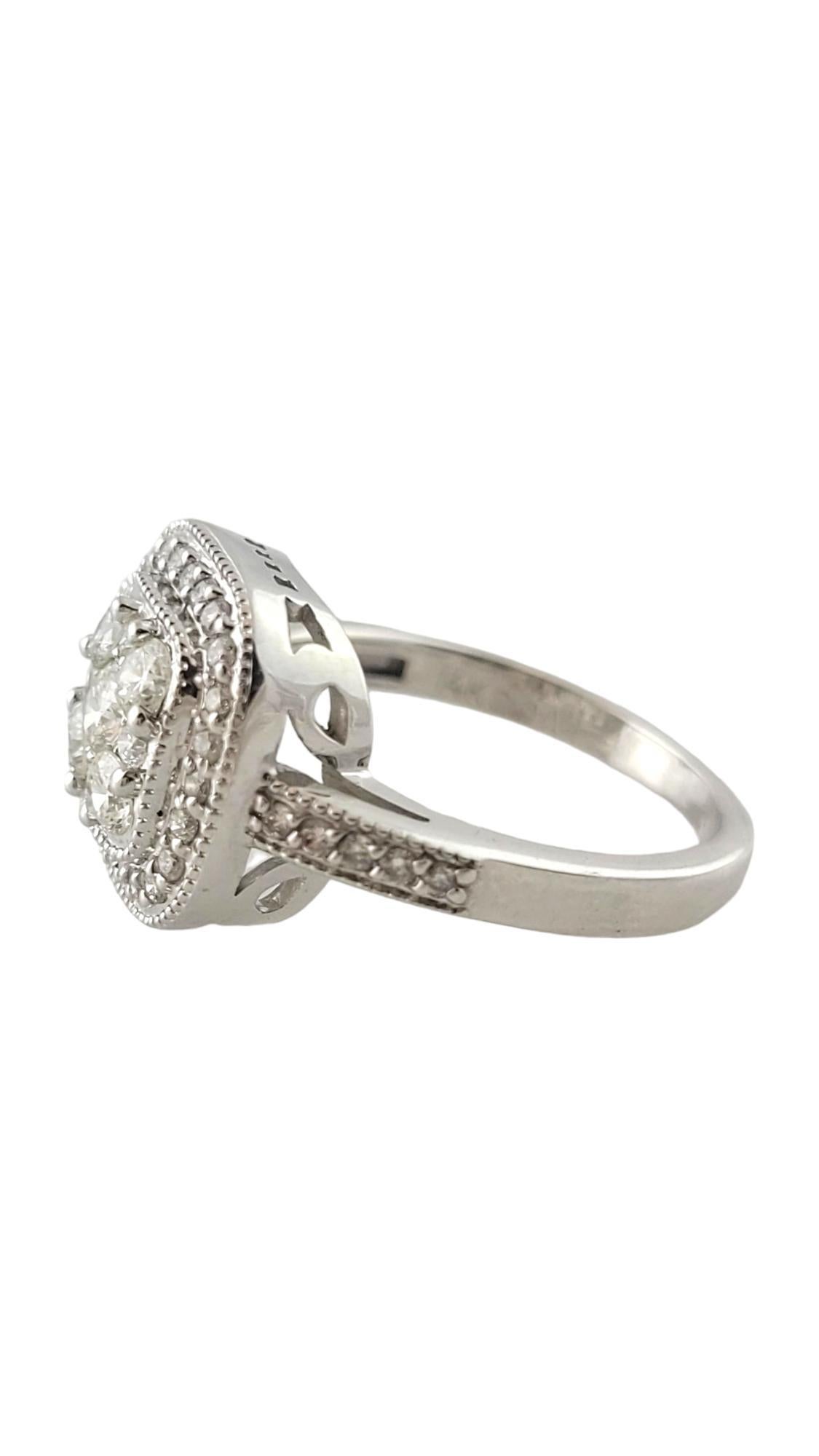 14 Karat White Gold Diamond Cluster Ring Size 5.75

This sparkling ring features 43 round brilliant cut diamonds set in classic 14K white gold. 

 Width:  12 mm.  Shank:  2 mm.

Approximate total diamond weight:  1.0 ct.

Diamond clarity: