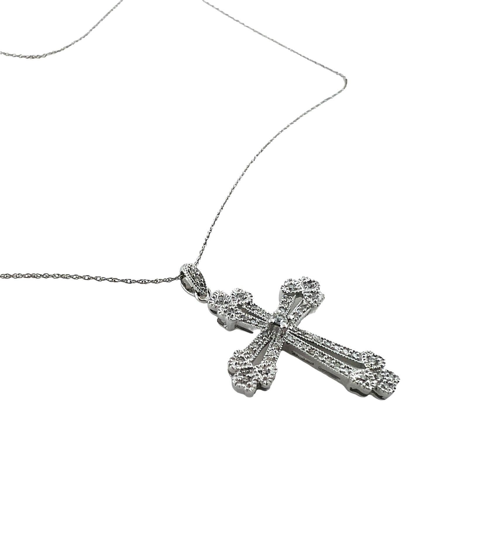 Brilliant Cut 14 Karat White Gold and Diamond Cross Pendant Necklace #16633 For Sale