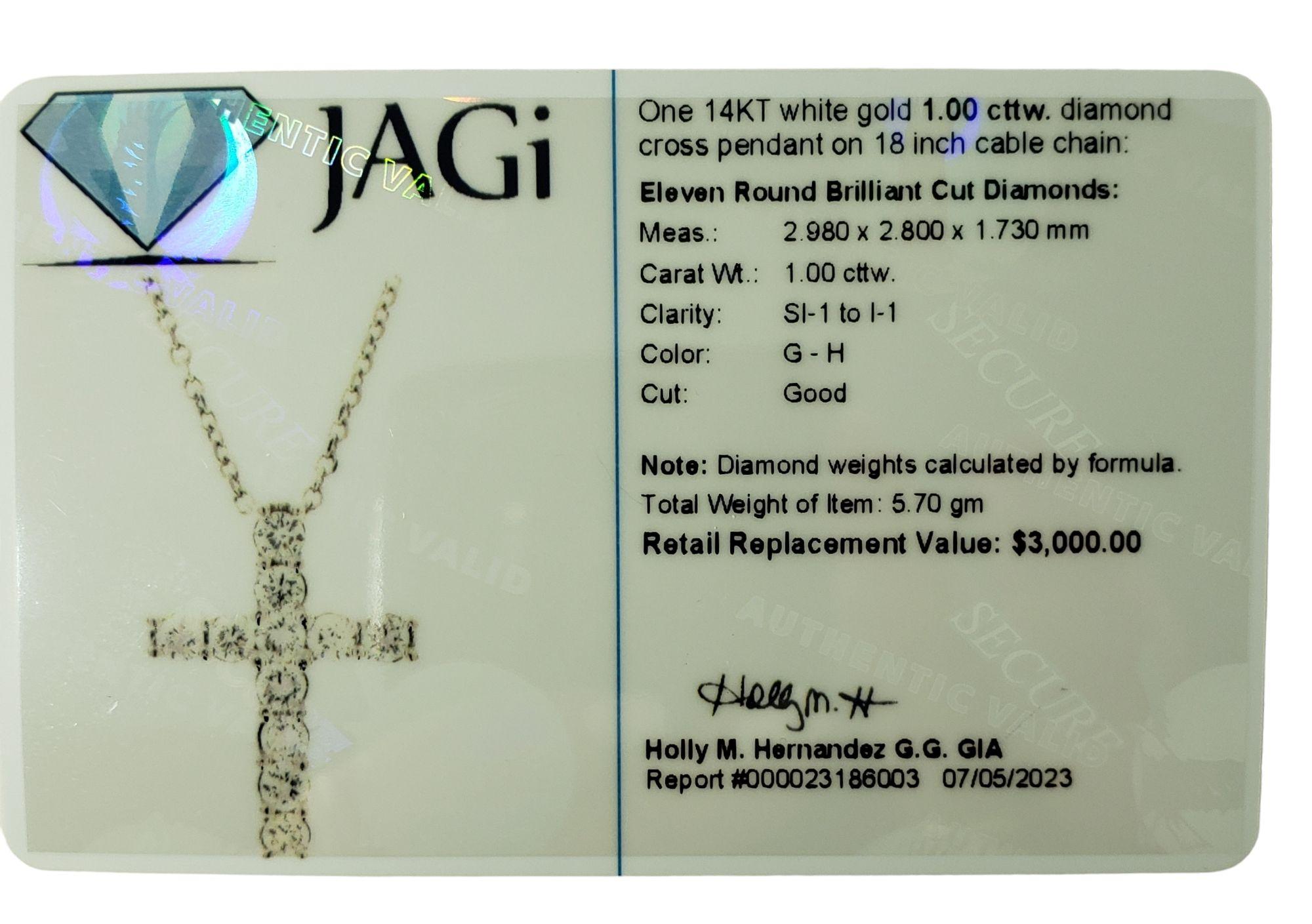 14 Karat White Gold and Diamond Cross Pendant Necklace #14889 For Sale 1
