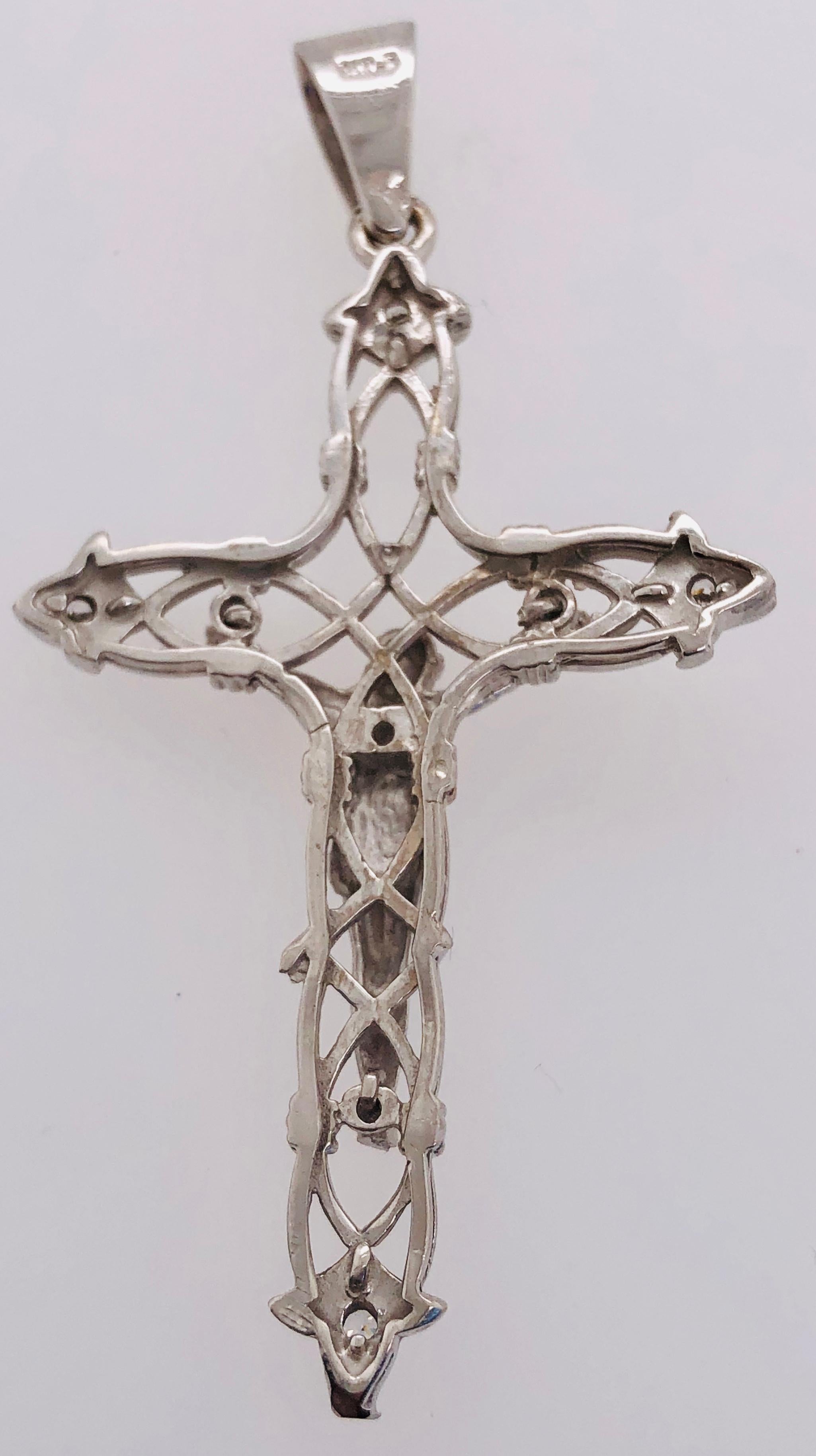 Round Cut 14 Karat White Gold and Diamond Cross / Religious Pendant