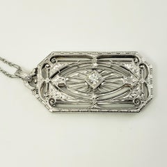 14 Karat White Gold and Diamond Filigree Pendant Necklace