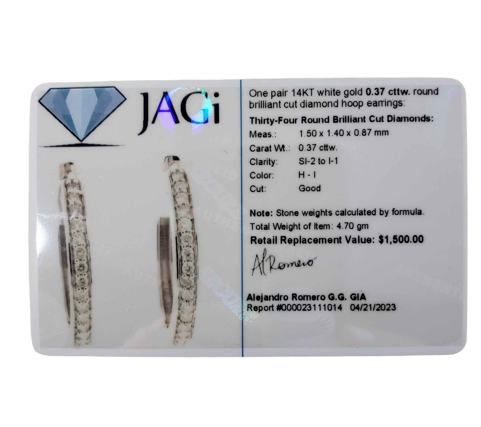 Women's  14 Karat White Gold and Diamond Hoop Earrings #14338 For Sale